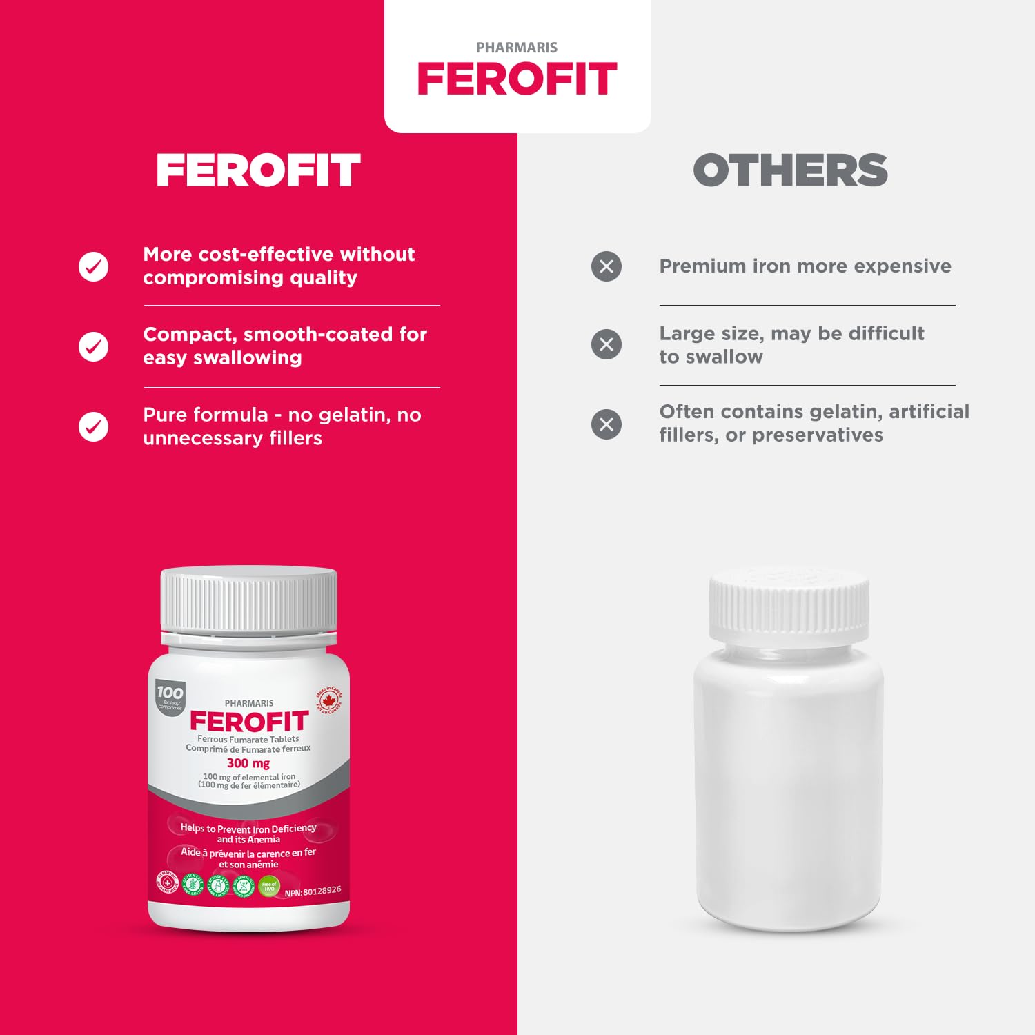 Pharmaris Ferofit tableta en mano para mostrar tamaño y dosificación práctica