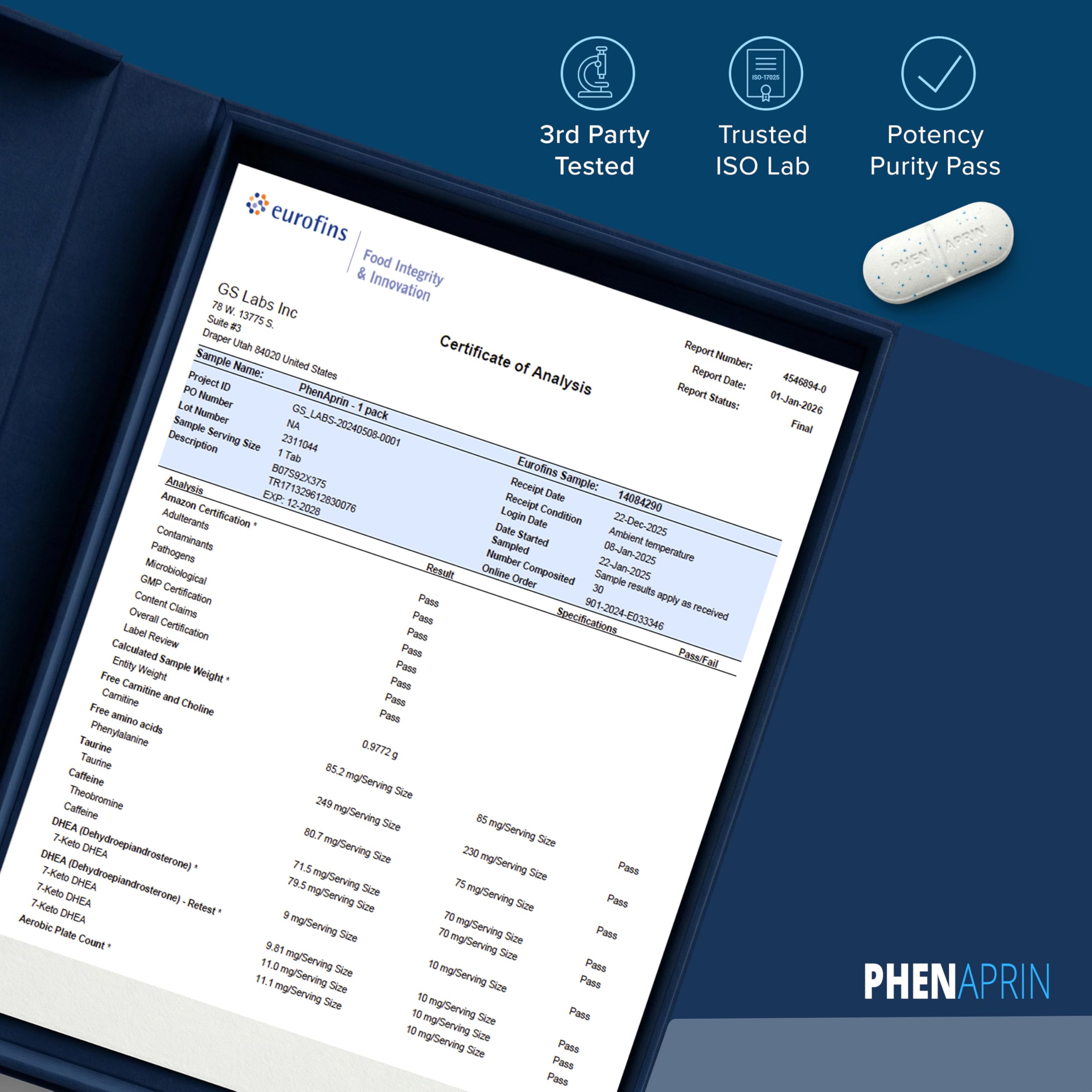 Envase PhenAprin abierto con tabletas visibles, beneficio cantidad por frasco