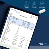 Envase PhenAprin abierto con tabletas visibles, beneficio cantidad por frasco
