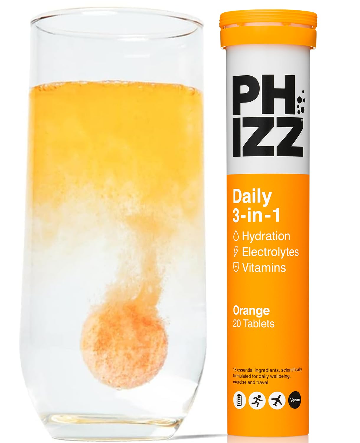 Phizz frente del envase naranja mostrando tabletas y marca, beneficio de conveniencia