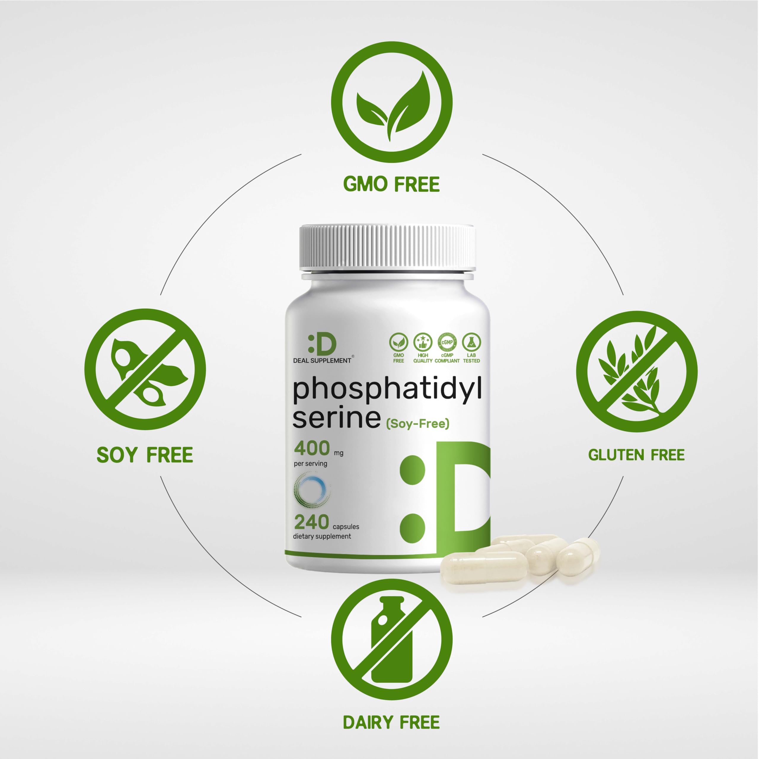 Phosphatidylserine cápsulas en mano para visualizar la dosis y facilidad