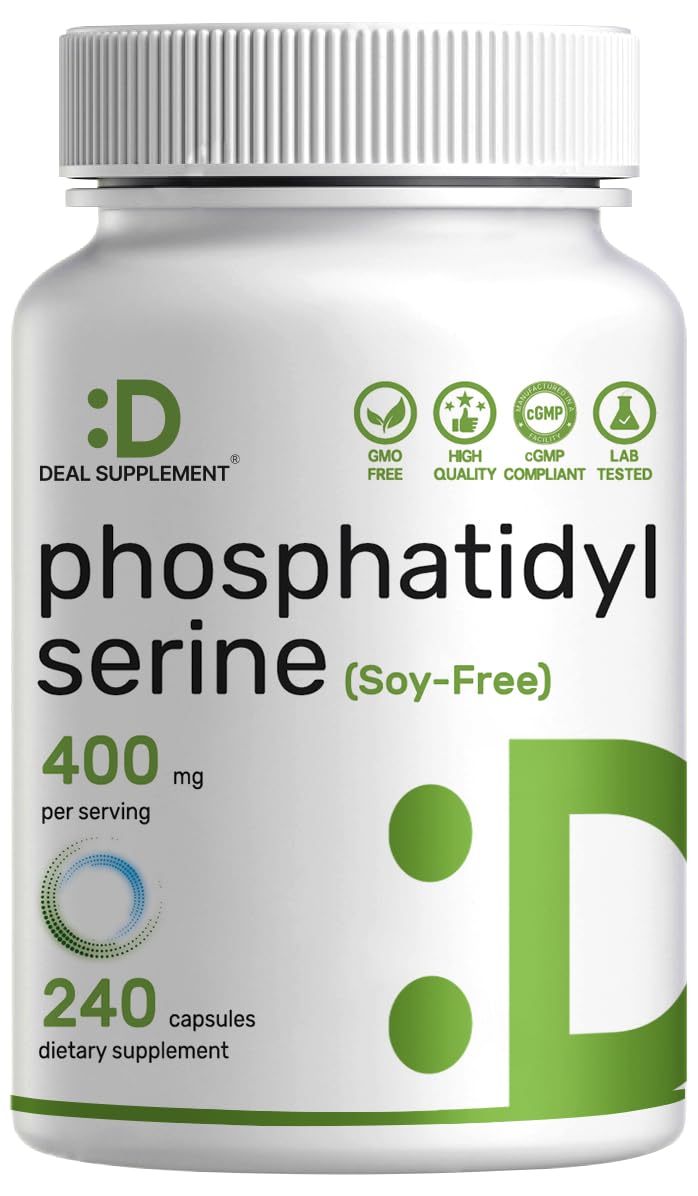 Phosphatidylserine vista frontal del envase, presentación clara y beneficios