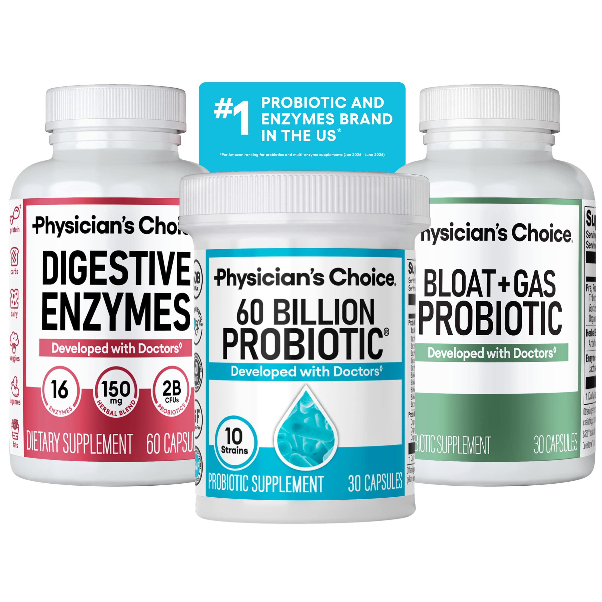 Physician's CHOICE vista frontal del bundle mostrando las tres botellas y beneficio de soporte digestivo