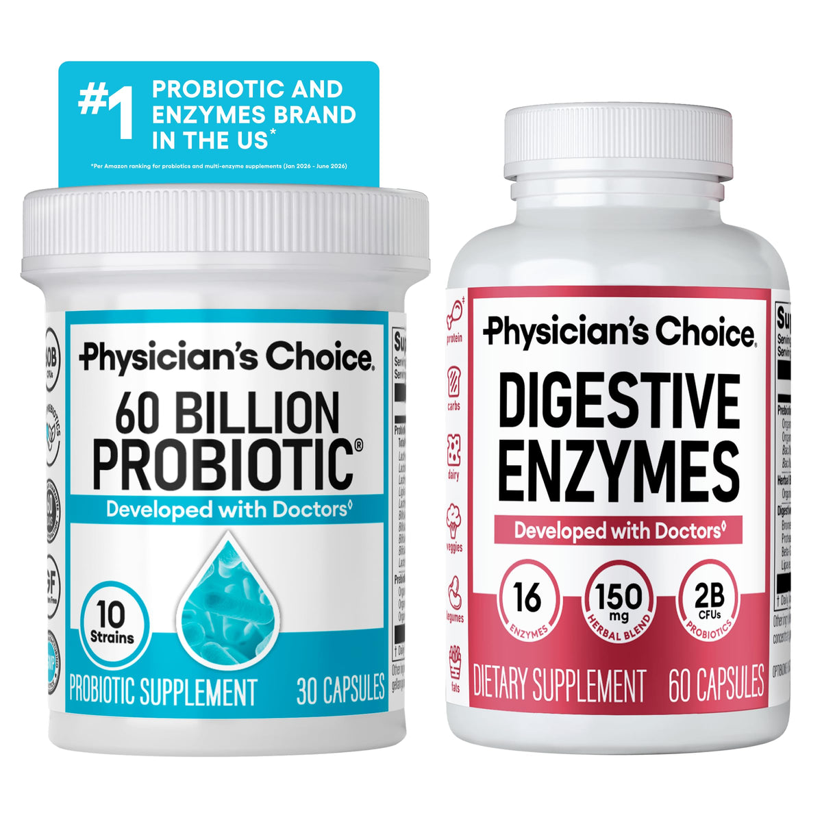 Physician's CHOICE pack frontal mostrando embalaje claro y beneficio de apoyo digestivo
