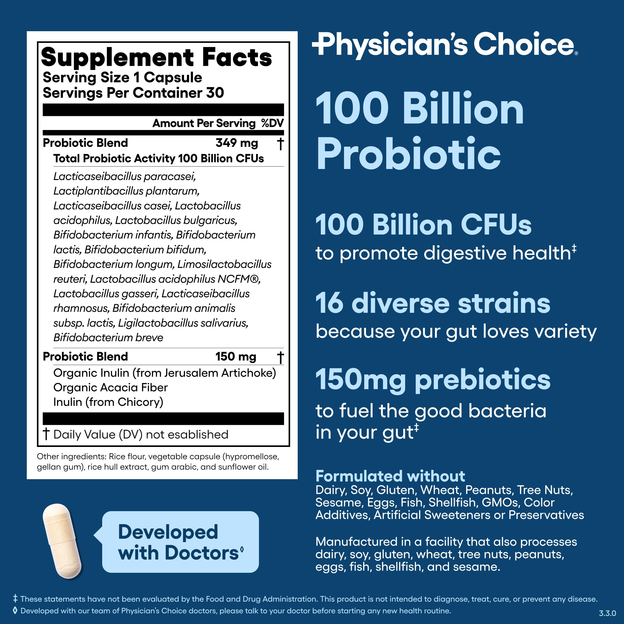 Physician's CHOICE etiqueta con información nutricional y cepas listadas
