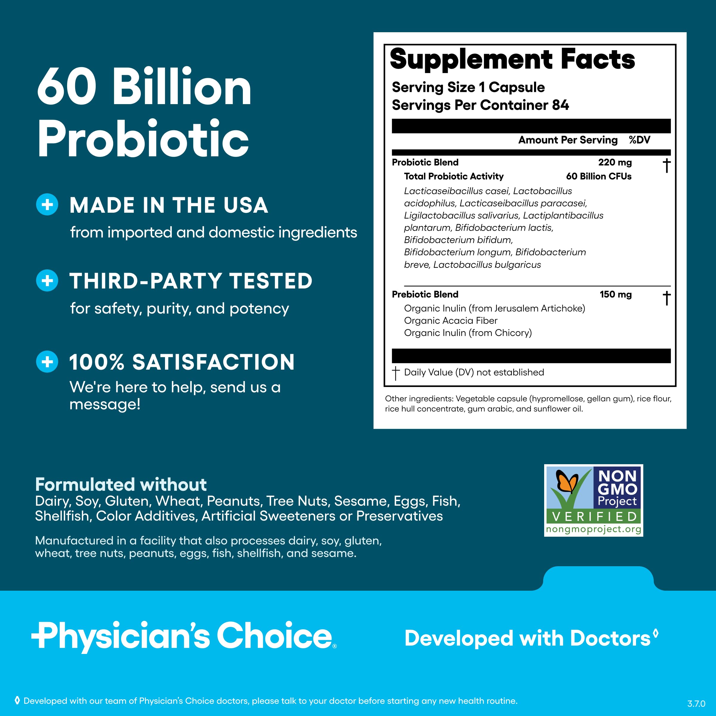 Etiqueta Physician's CHOICE con información de cepas, UFC y pruebas de calidad