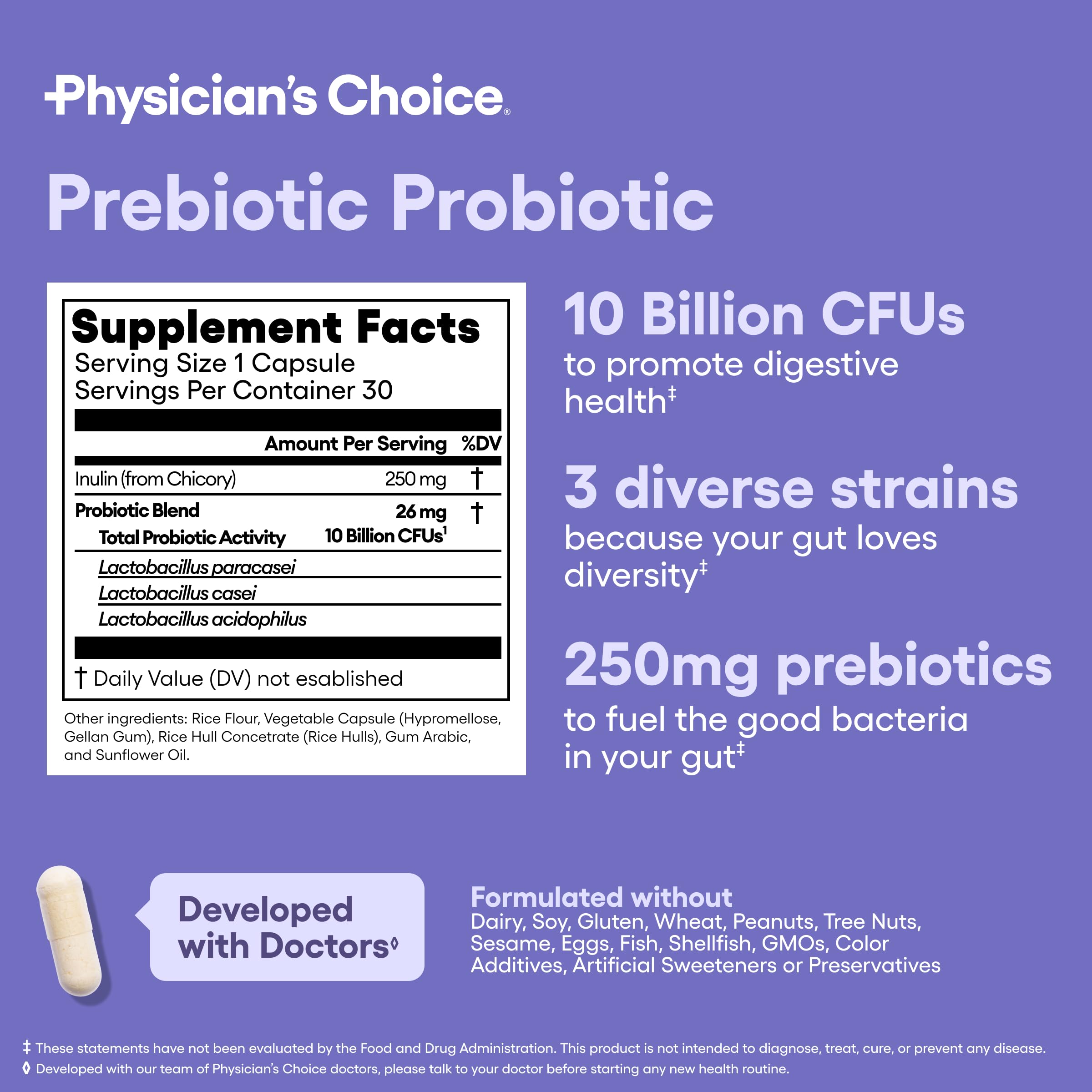 Physician's CHOICE etiqueta cercana destacando cepas y pruebas de calidad