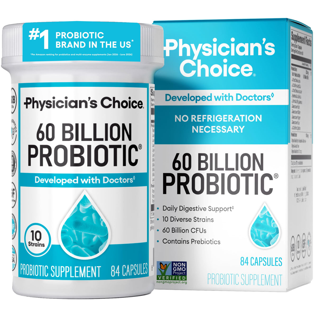 Physician's CHOICE frasco frontal mostrando 84 cápsulas y beneficio de 60B UFC