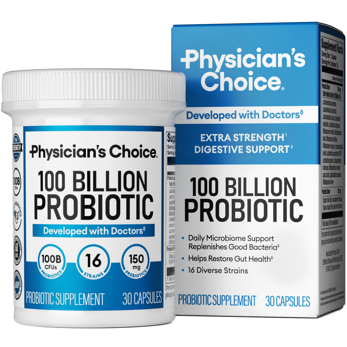 Physician's CHOICE empaque frontal mostrando la fórmula 100 Billion y beneficios