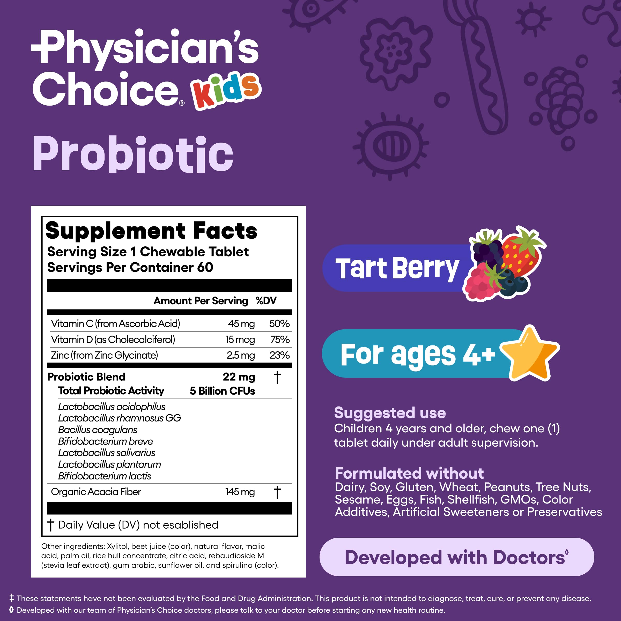 Physician's CHOICE ingredientes clave vitaminas, zinc y cepas probióticas beneficiosas