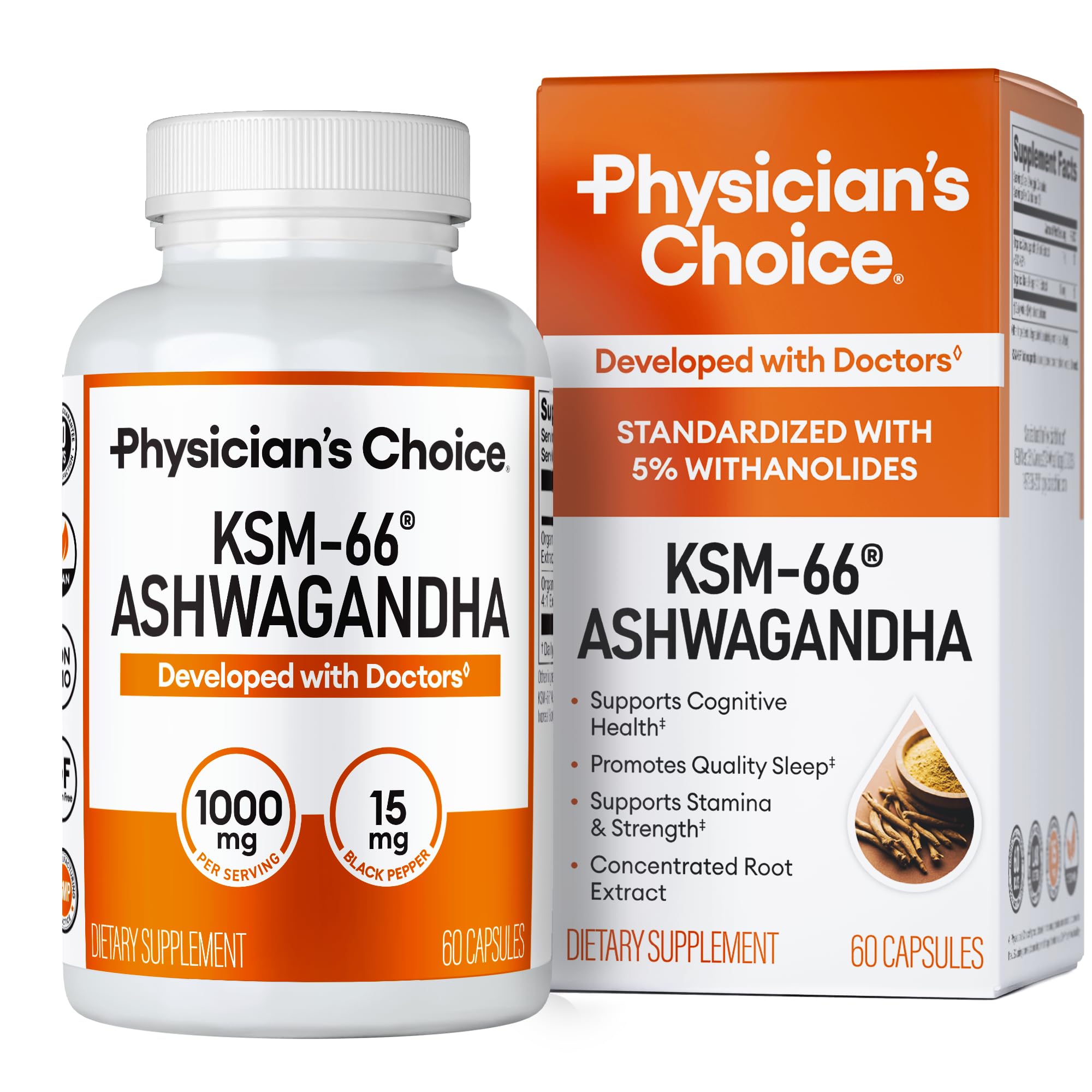Physician's CHOICE envase frontal que muestra KSM-66 y beneficio de relajación