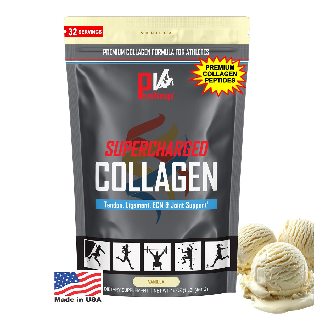 PhysiVantage frente del empaque mostrando sabor vainilla y beneficios