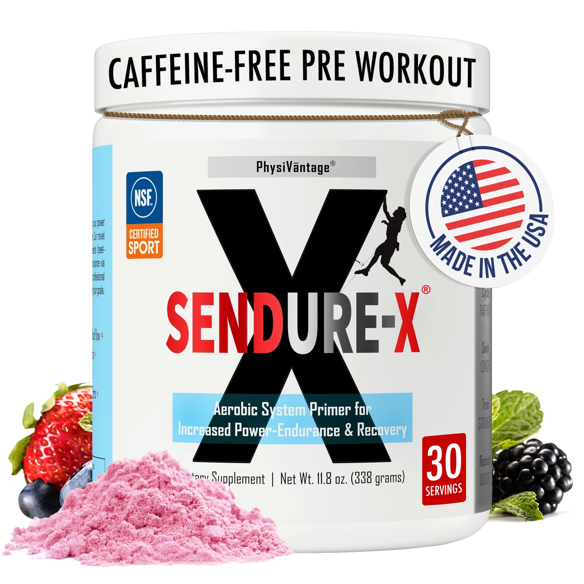 PhysiVantage envase Sendure-X frente mostrando sabor wild berry y beneficios