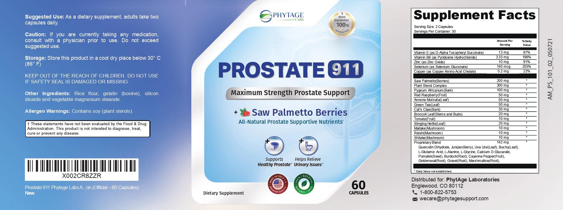 Phytage Labs Prostate 911 ingredientes secos semilla de calabaza y ortiga para bienestar urinario