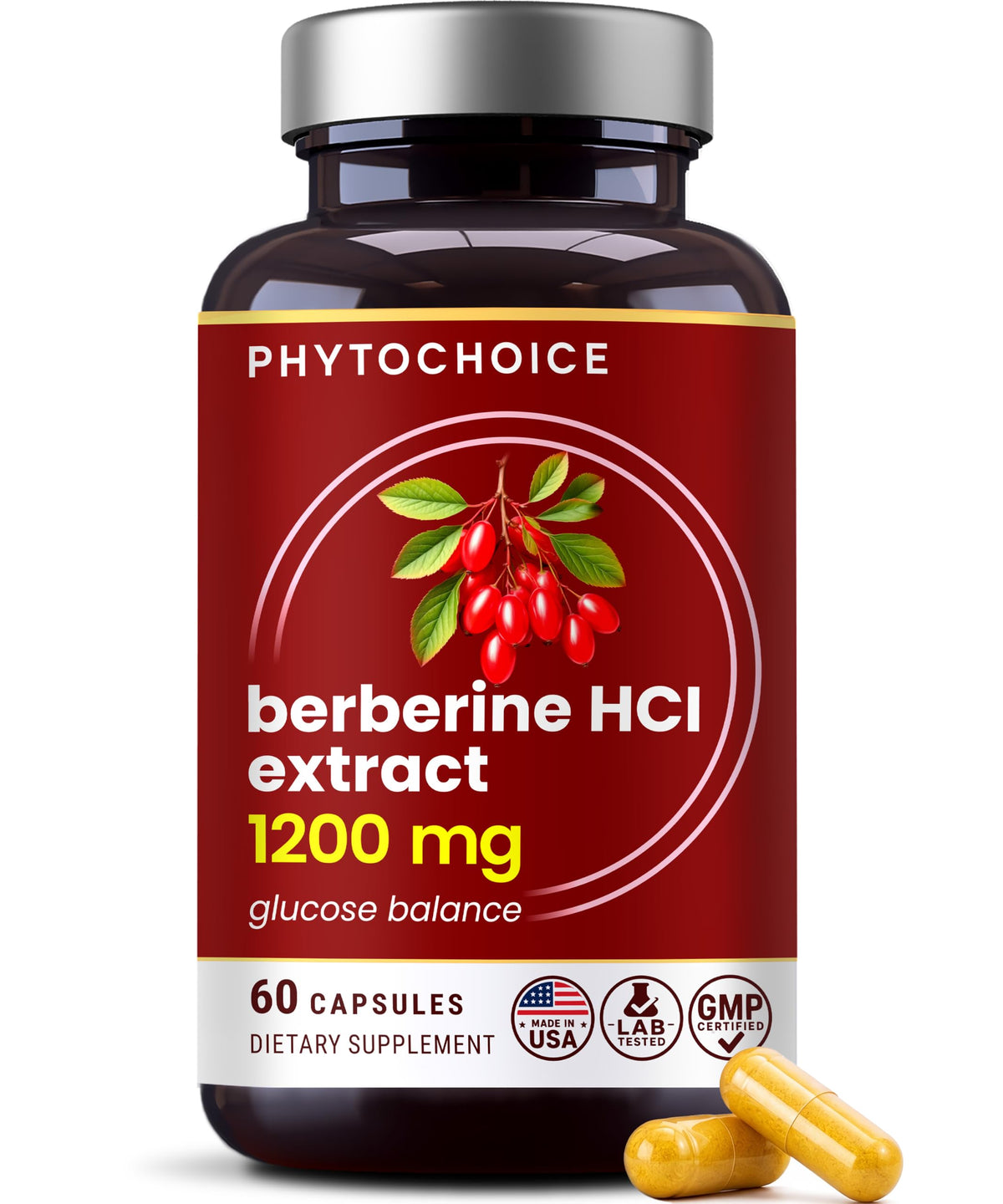 PHYTOCHOICE frasco frontal mostrando etiqueta clara y dosis 1200 mg para confianza
