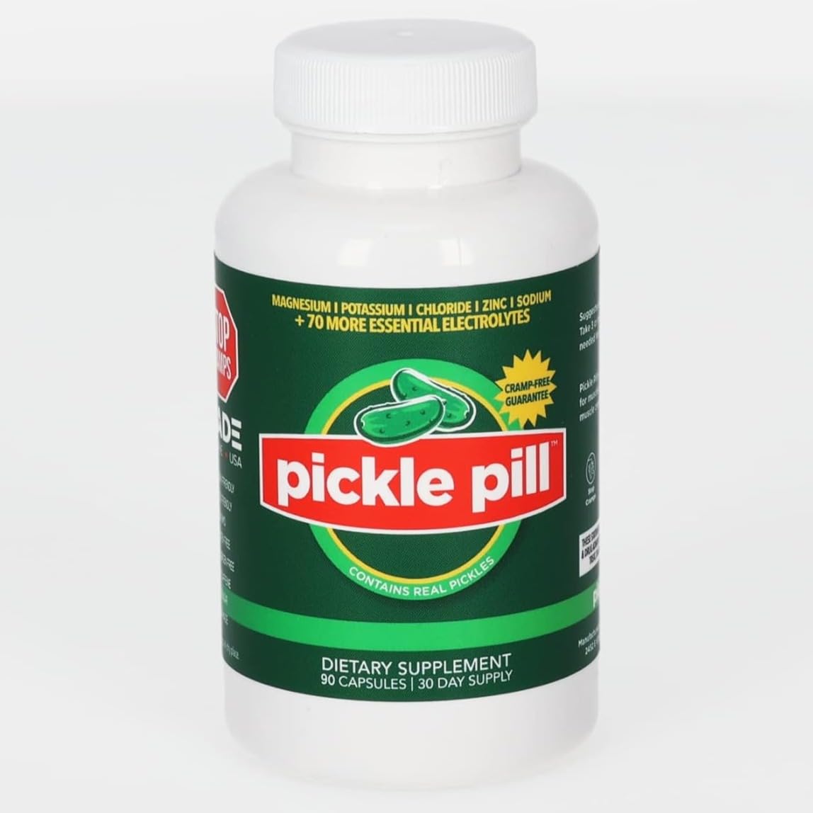 PicklePill frente del empaque mostrando 90 cápsulas y beneficios rápidos