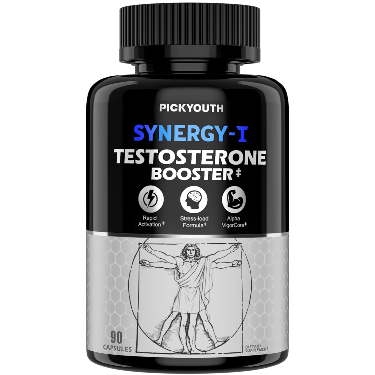 PickYouth Synergy-T frente del envase mostrando apoyo al rendimiento masculino