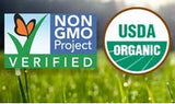 Pines etiqueta con sellos USDA Organic, Non-GMO y Vegan visibles