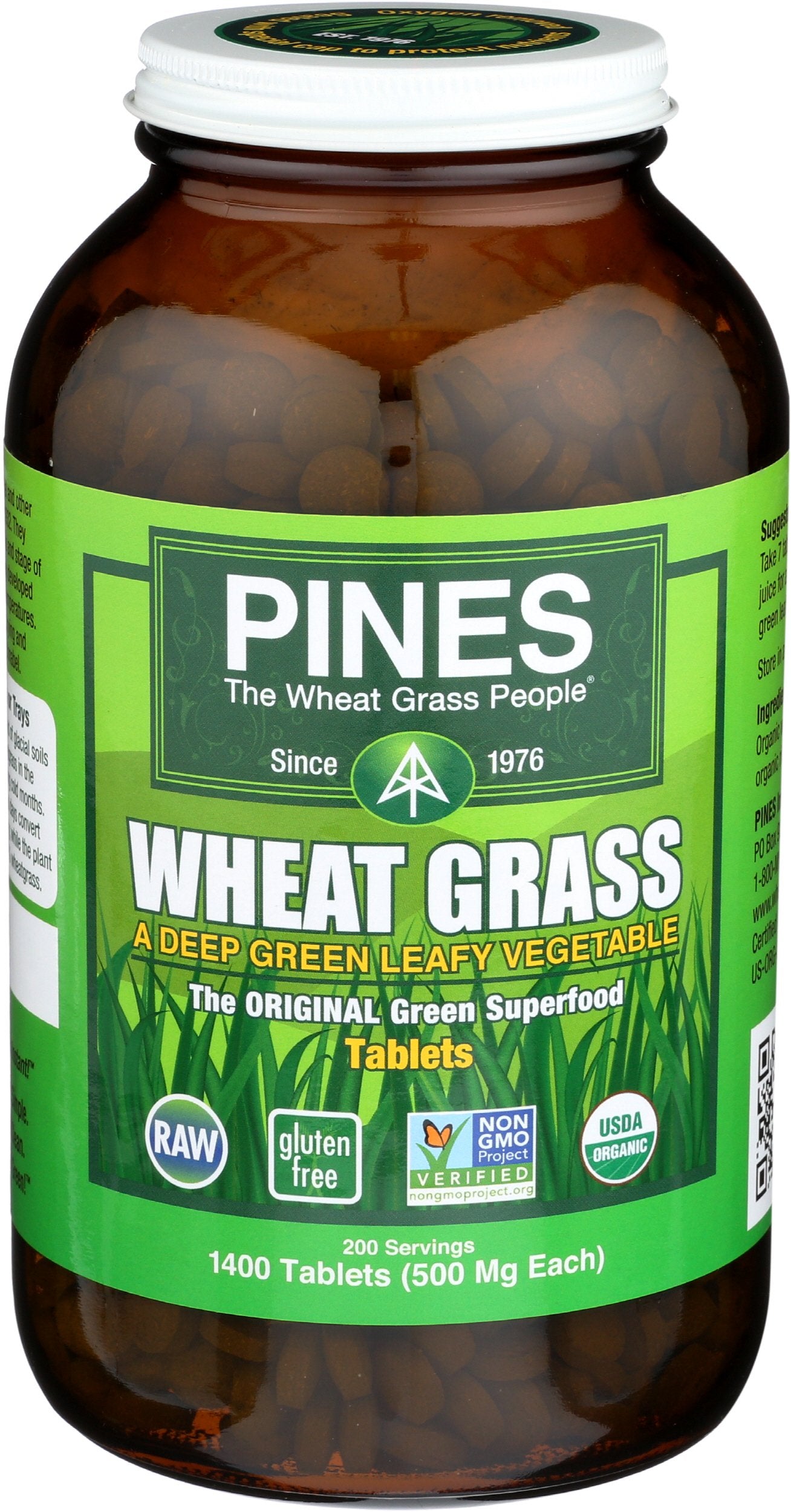Pines envase frontal de Wheat Grass orgánico mostrando diseño y cantidad 1400 tabletas