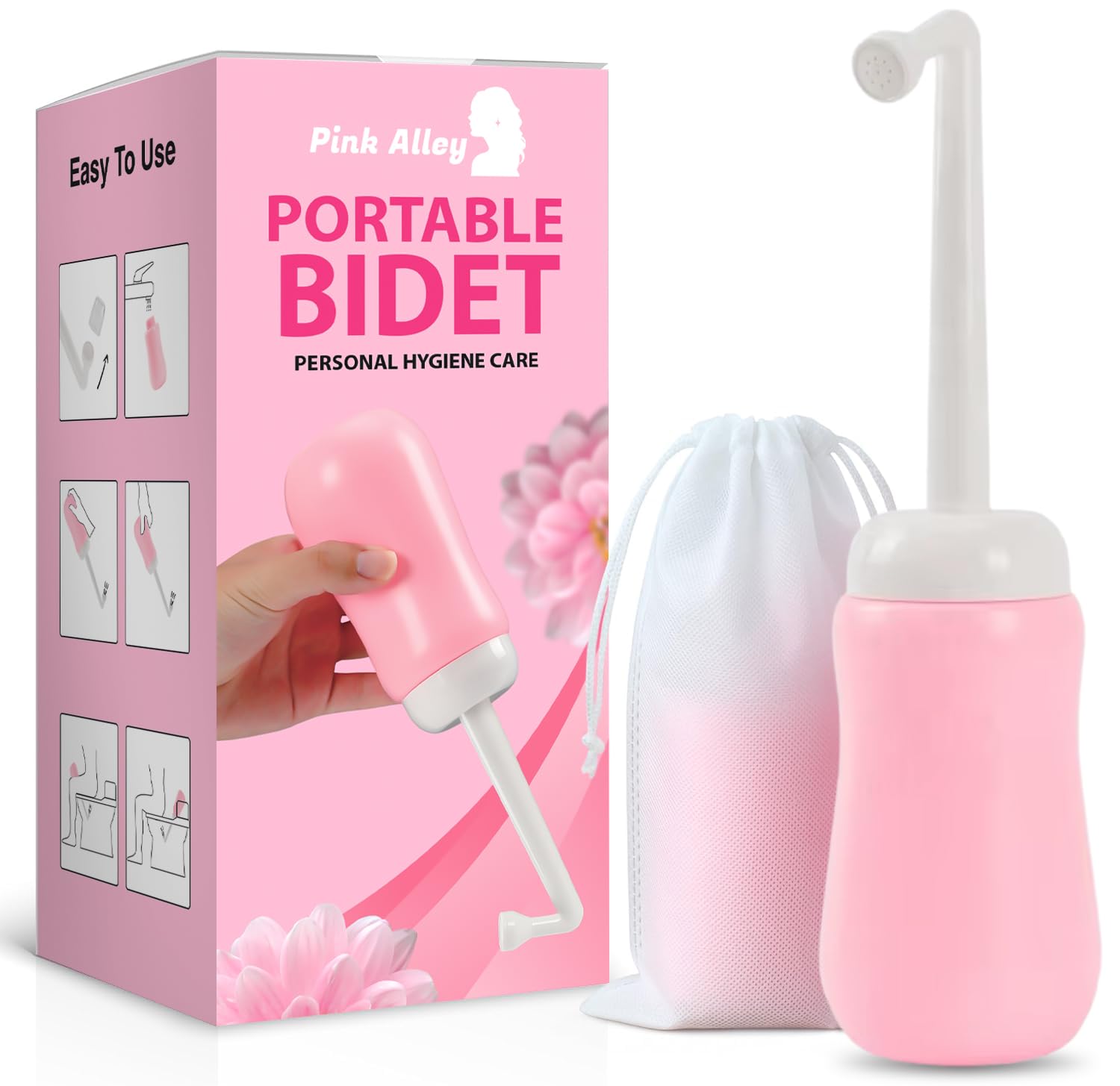 Pink Alley vista frontal de la botella bidé portátil, diseño compacto y transportable