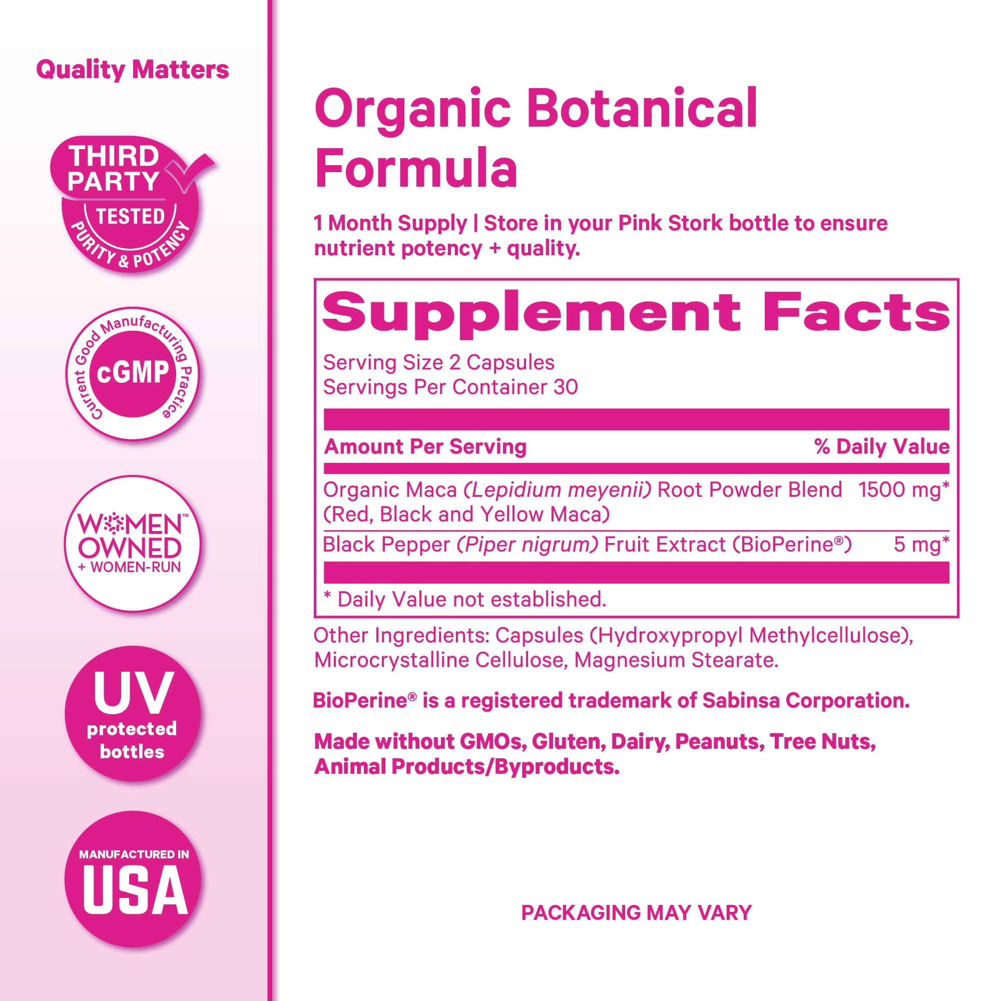 Pink Stork inserto BioPerine indicando mejor absorción de nutrientes