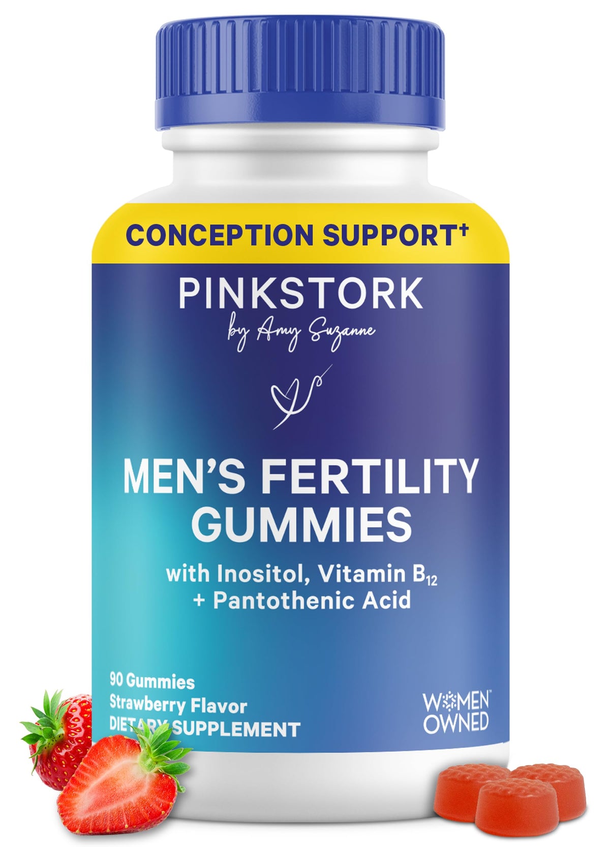 Pink Stork frasco Blue Stork frente mostrando 90 gominolas, claridad de ingredientes