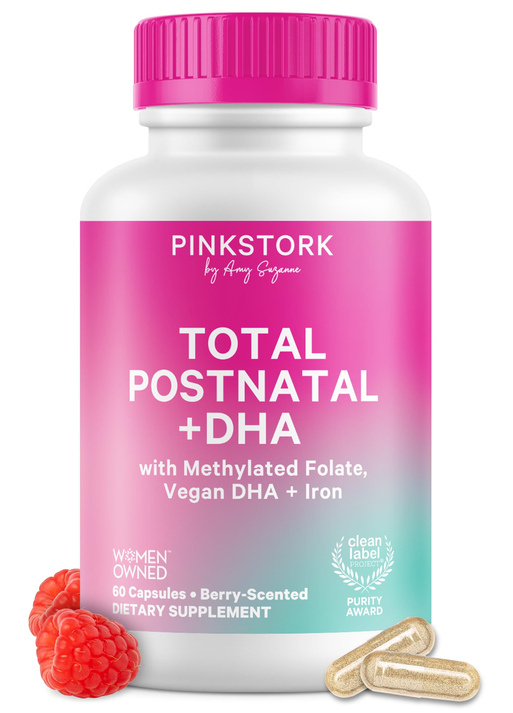 Pink Stork bote frontal con etiqueta berry para posparto, muestra claridad del producto