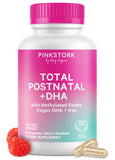 Pink Stork bote frontal con etiqueta berry para posparto, muestra claridad del producto