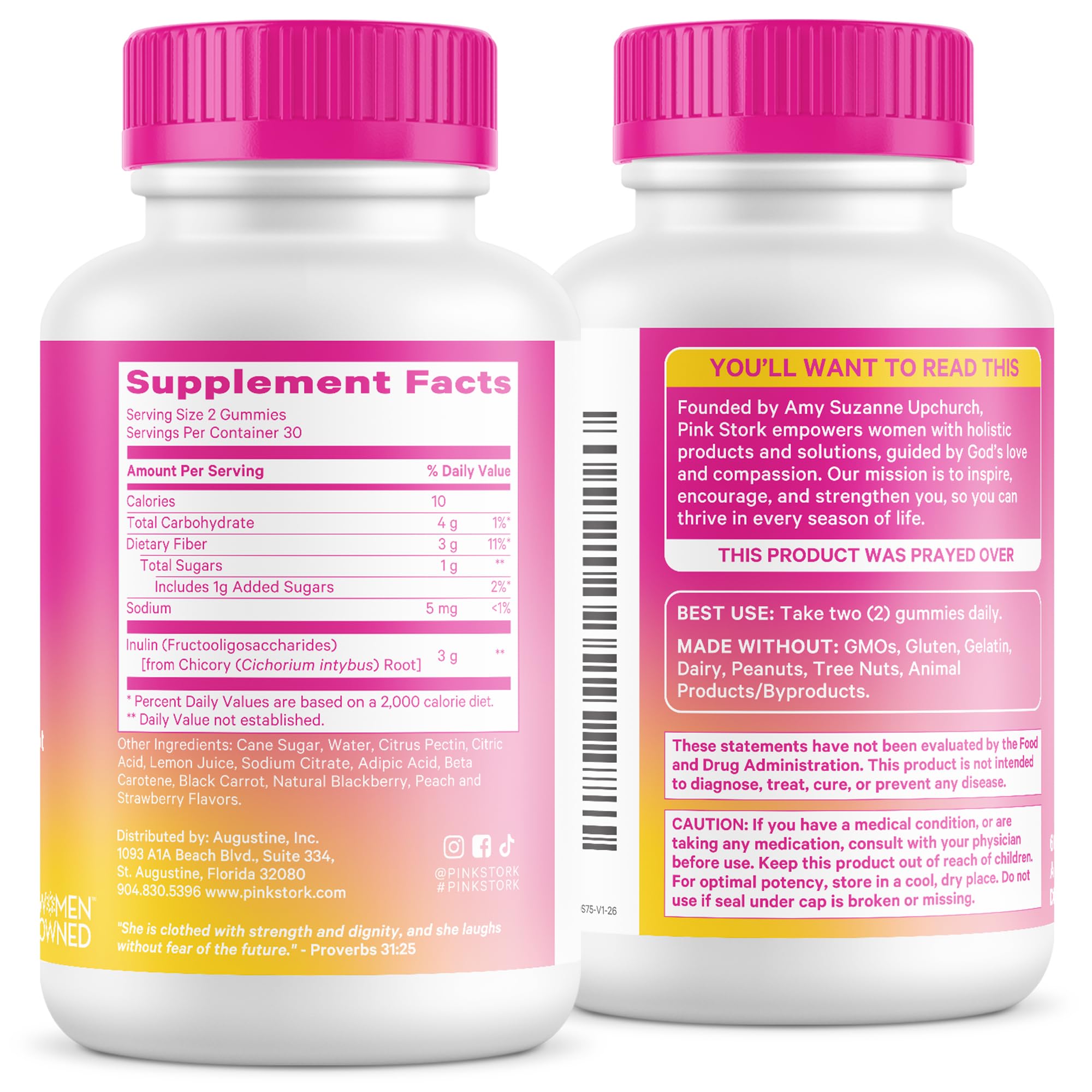 Pink Stork caja abierta con frasco visible, aspecto del packaging