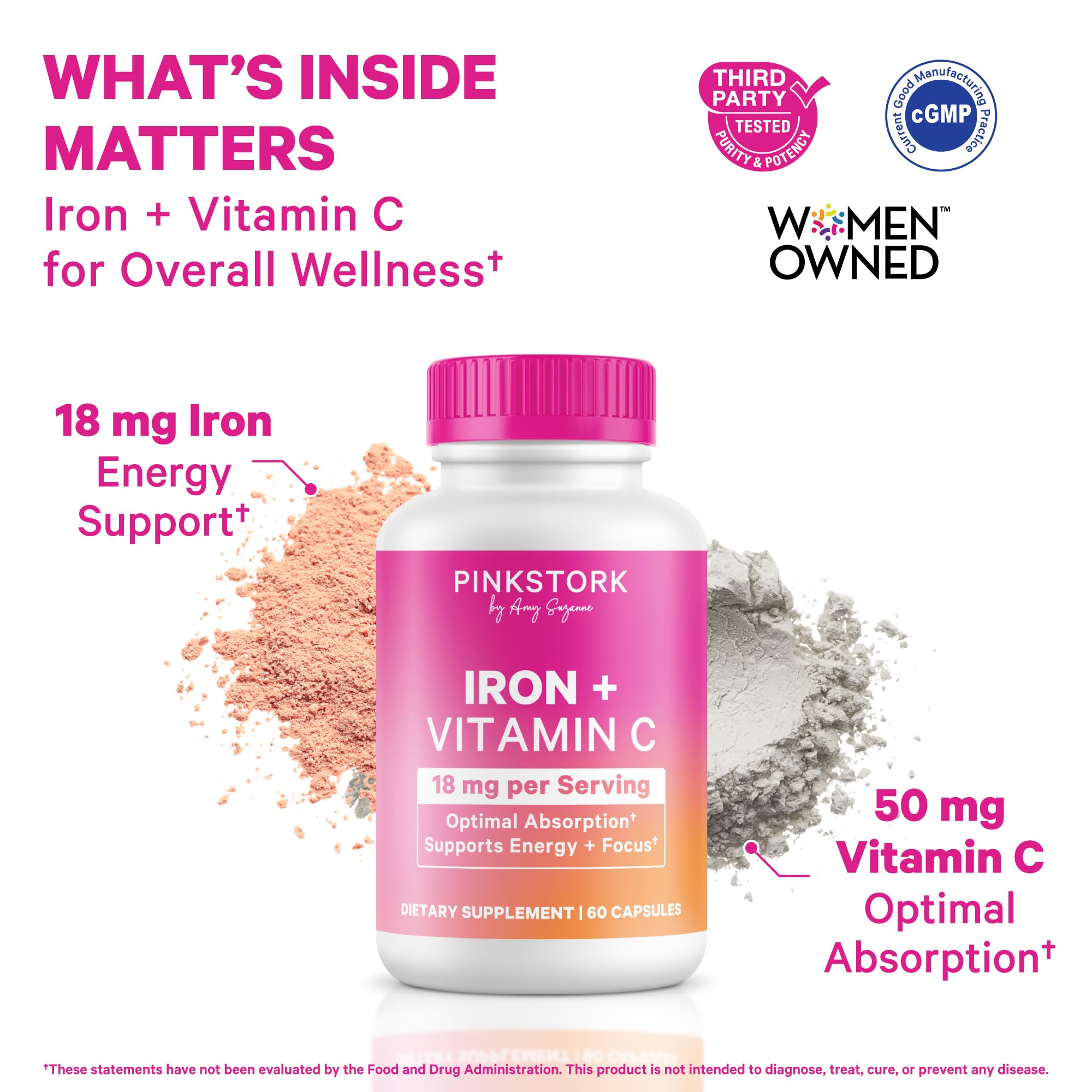 Pink Stork cápsula en mano que ilustra tamaño fácil de tragar y vegano