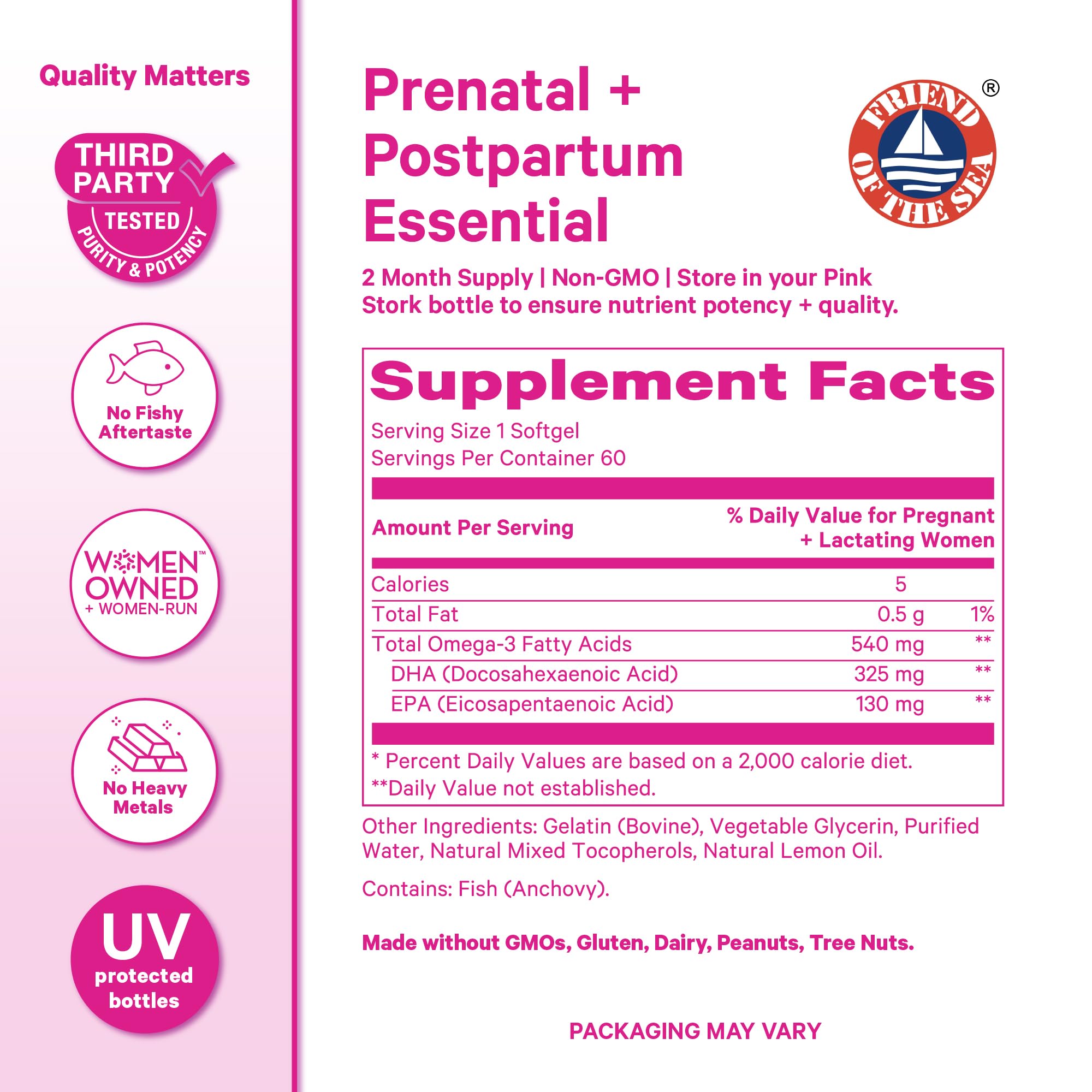 Pink Stork botella junto a vitaminas prenatales para uso combinado