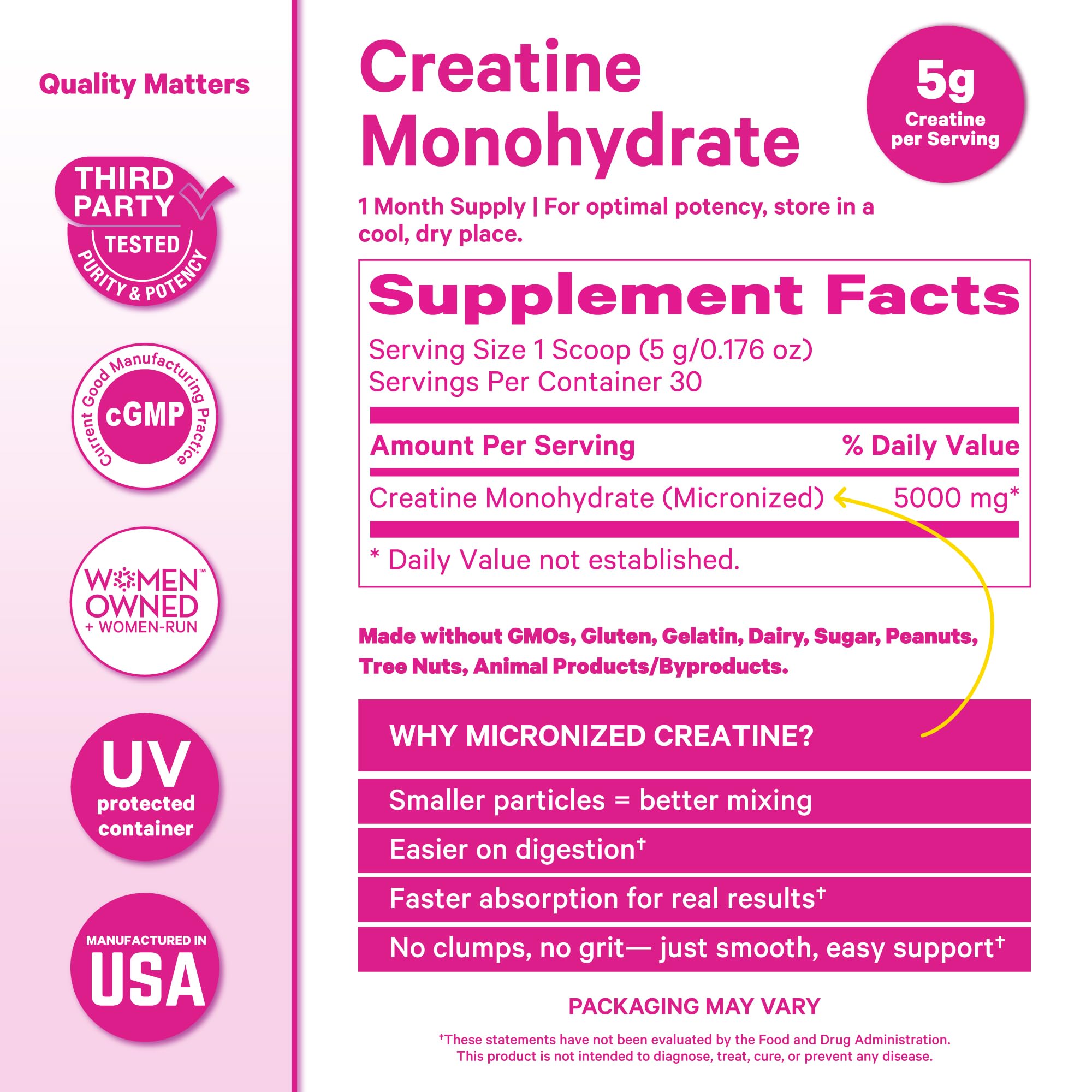 Pink Stork etiqueta con ingrediente único creatina monohidratada clara