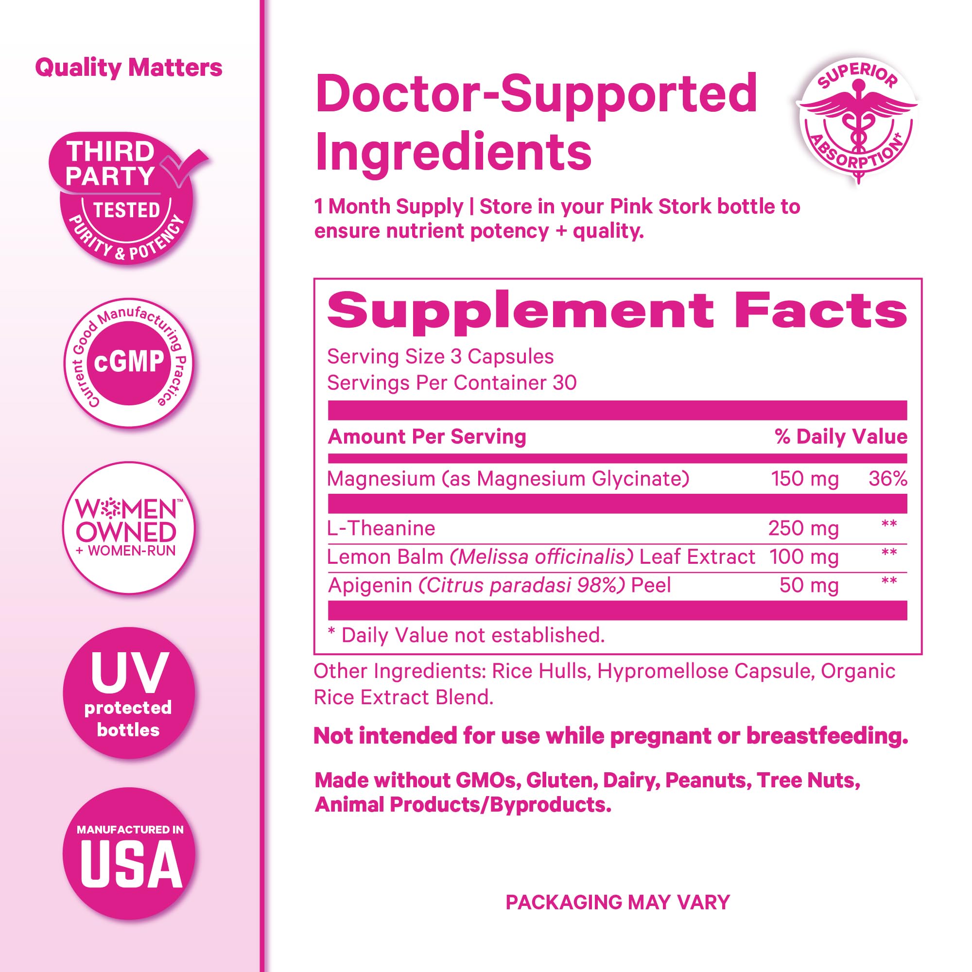 Pink Stork etiqueta con certificaciones cGMP y pruebas de terceros