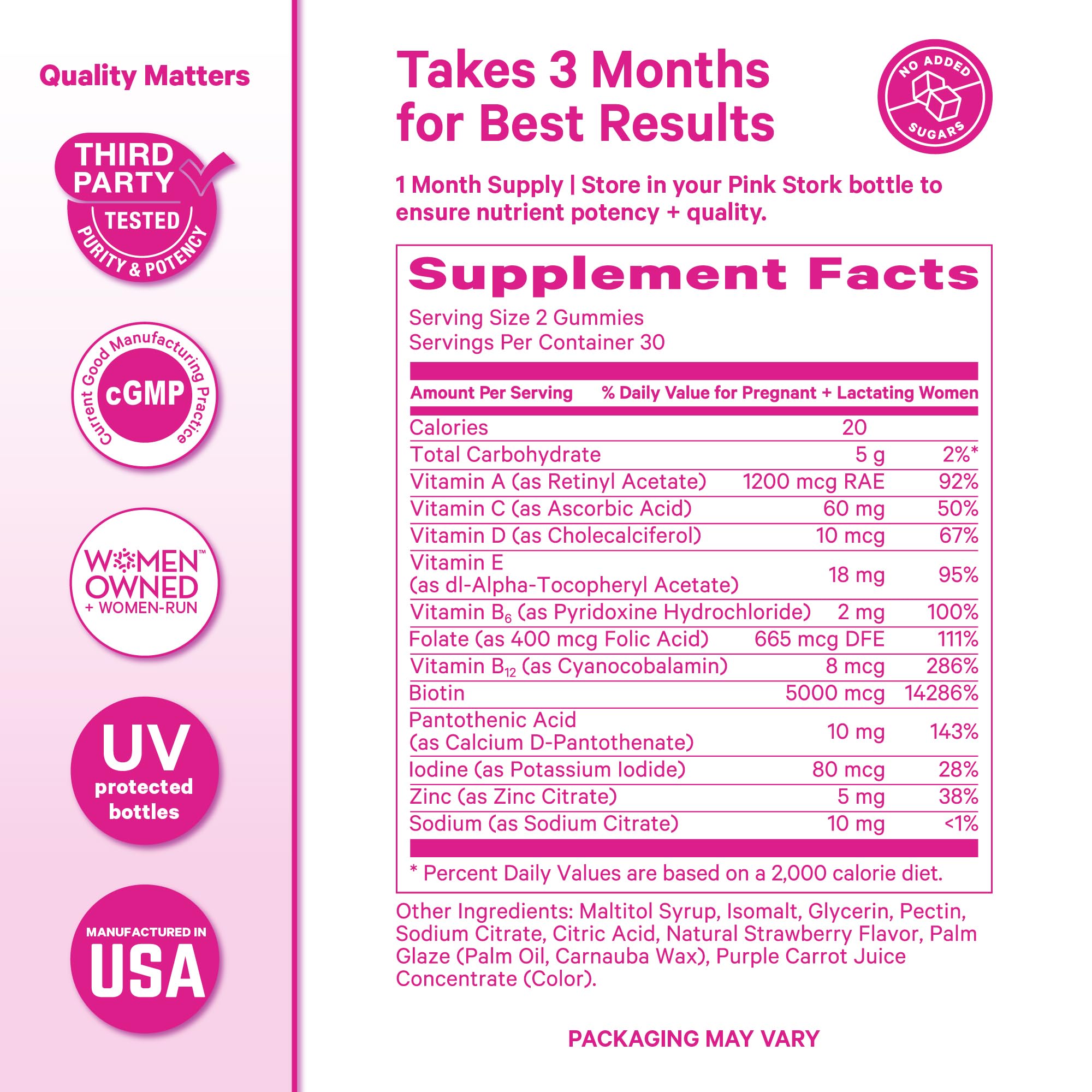 Pink Stork etiqueta de ingredientes destacando nutrientes clave