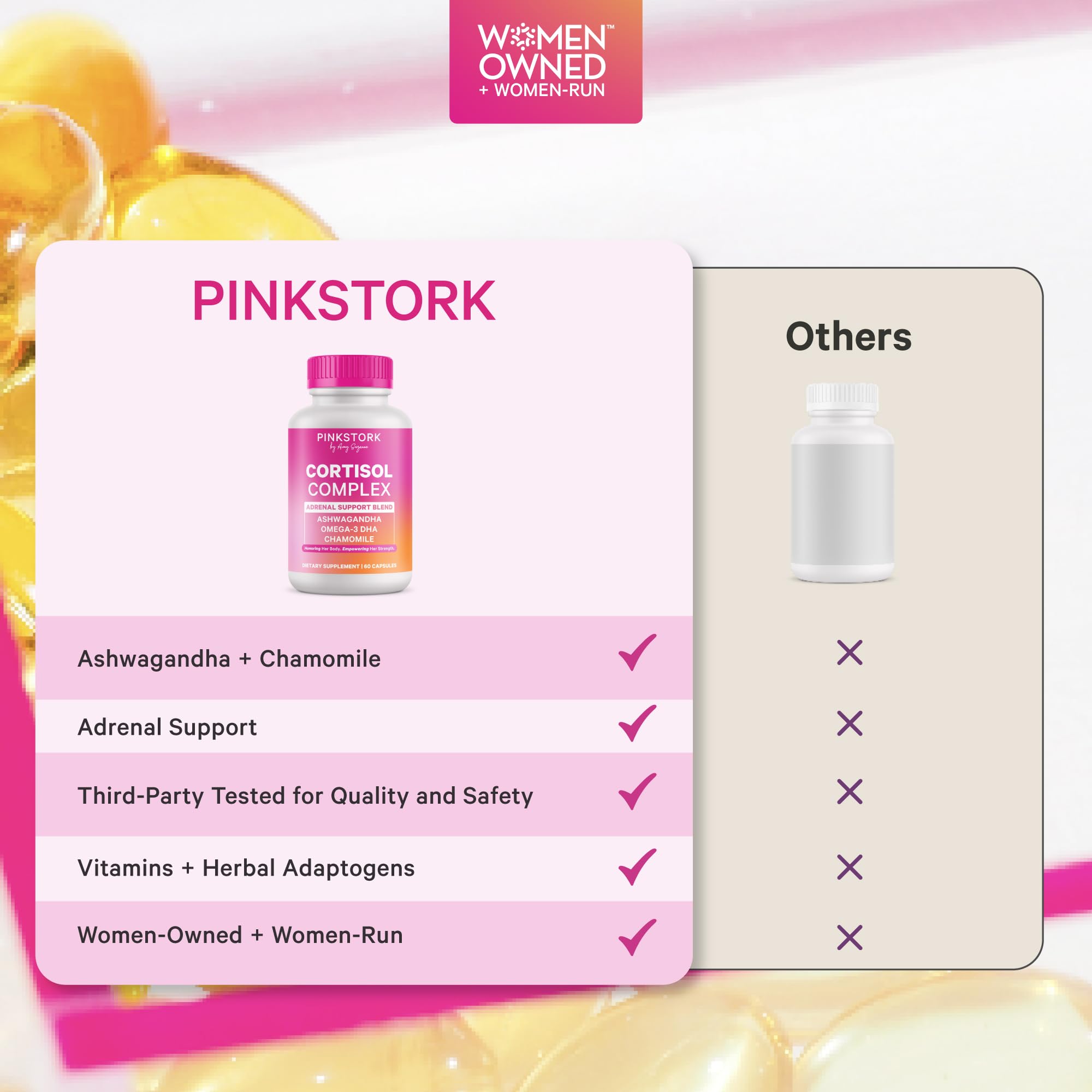 Pink Stork etiqueta con lista de ingredientes y beneficios clave