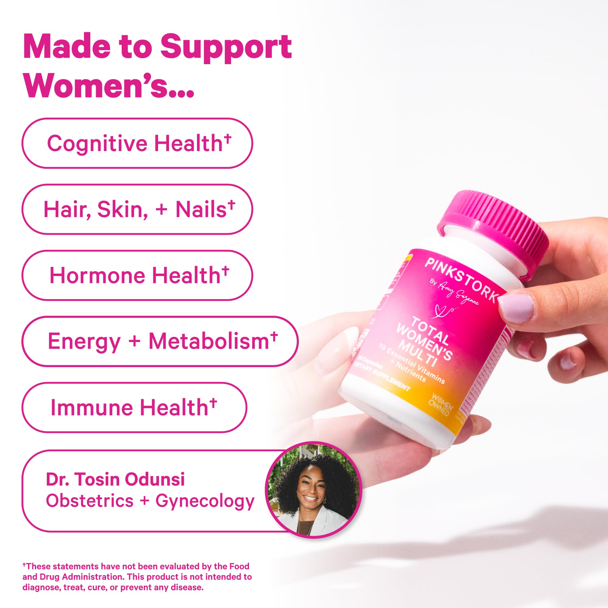 Pink Stork etiqueta con lista de vitaminas y minerales para claridad