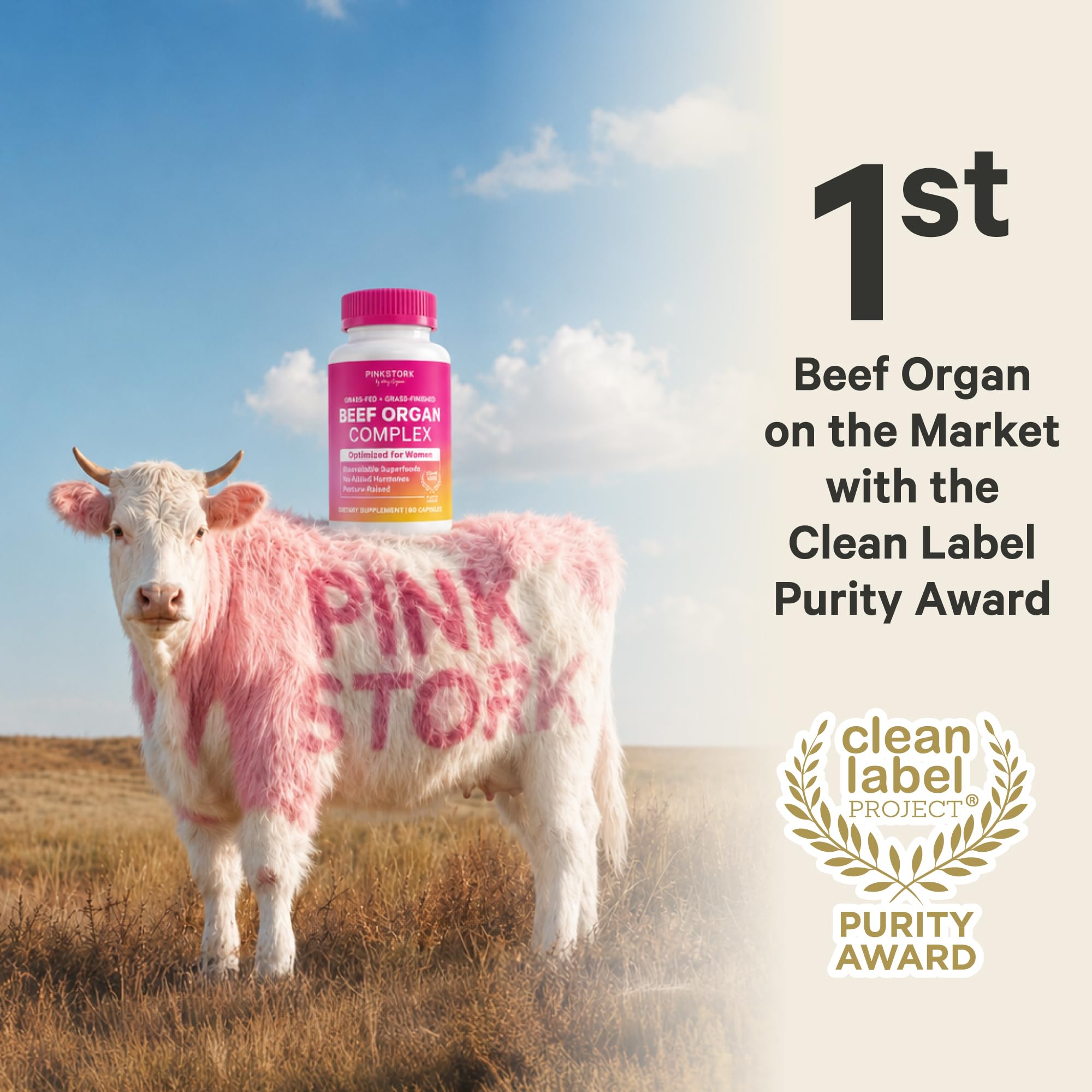 Pink Stork etiqueta limpia mostrando origen y certificación