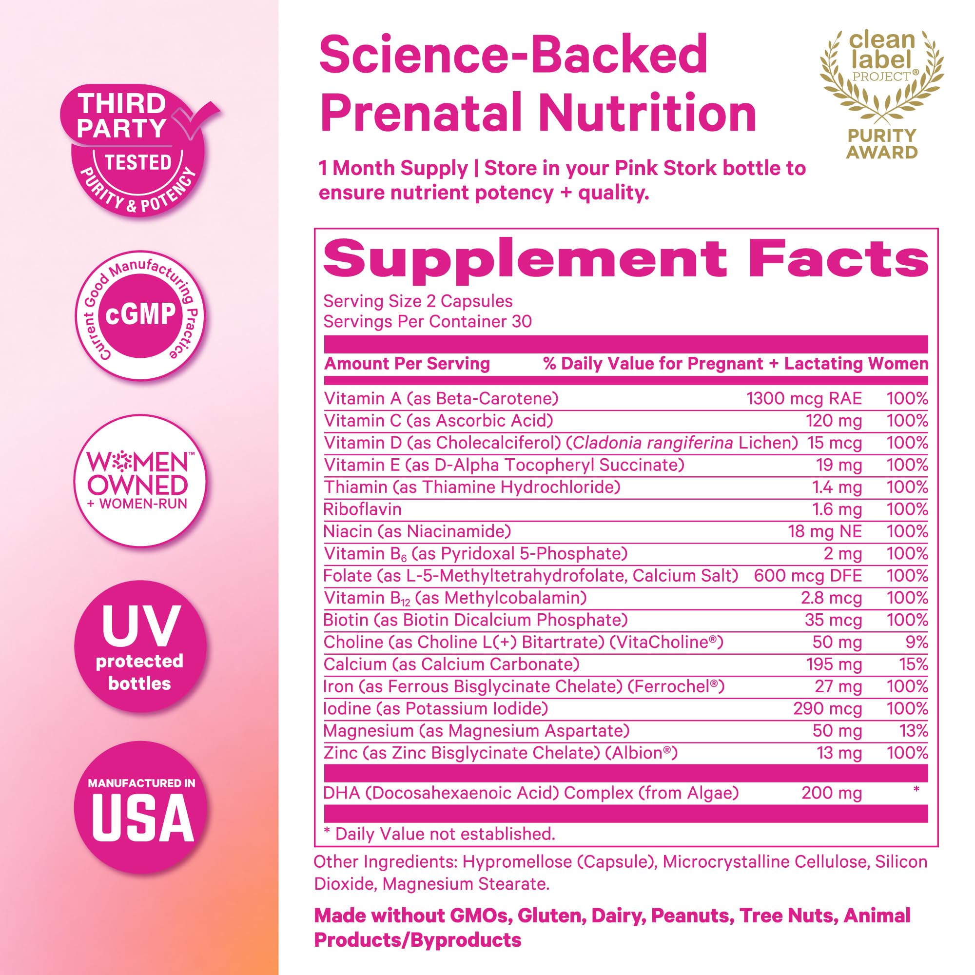 Pink Stork etiqueta nutricional detallada con ingredientes clave visibles