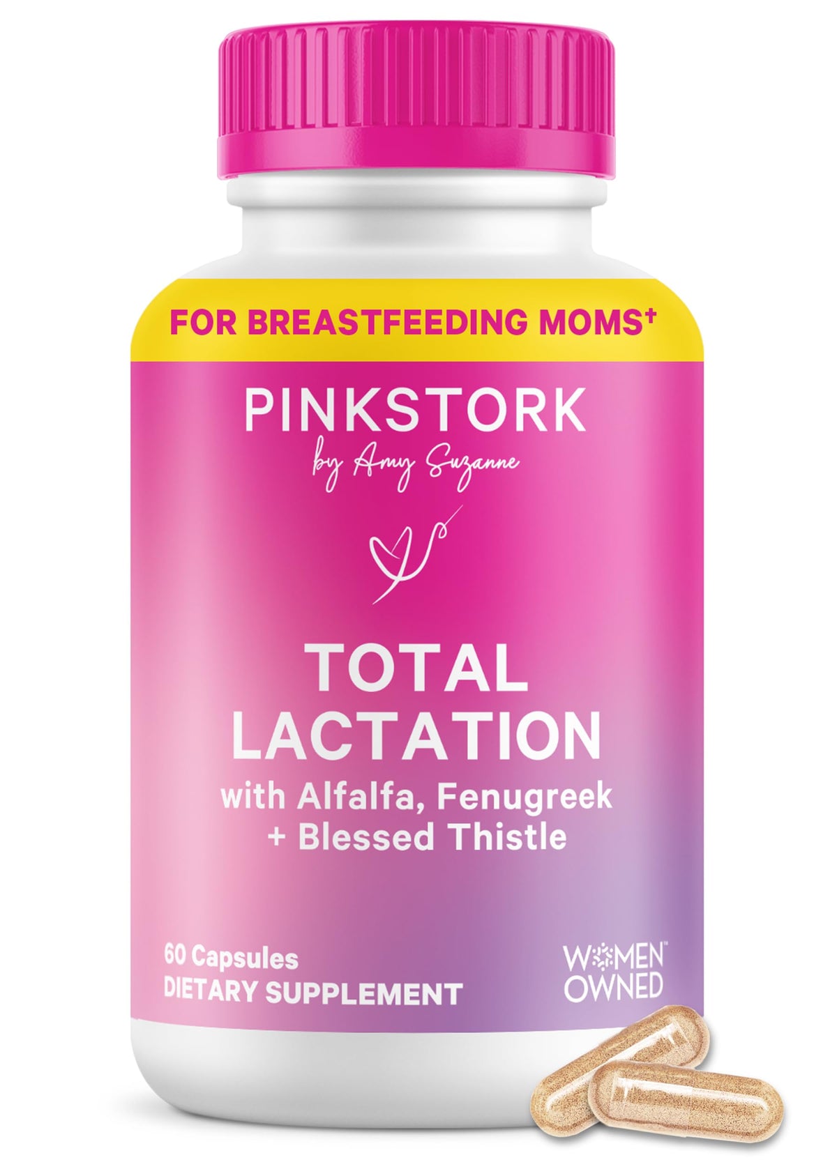 Pink Stork frasco delantero mostrando 60 cápsulas y facilidad de uso