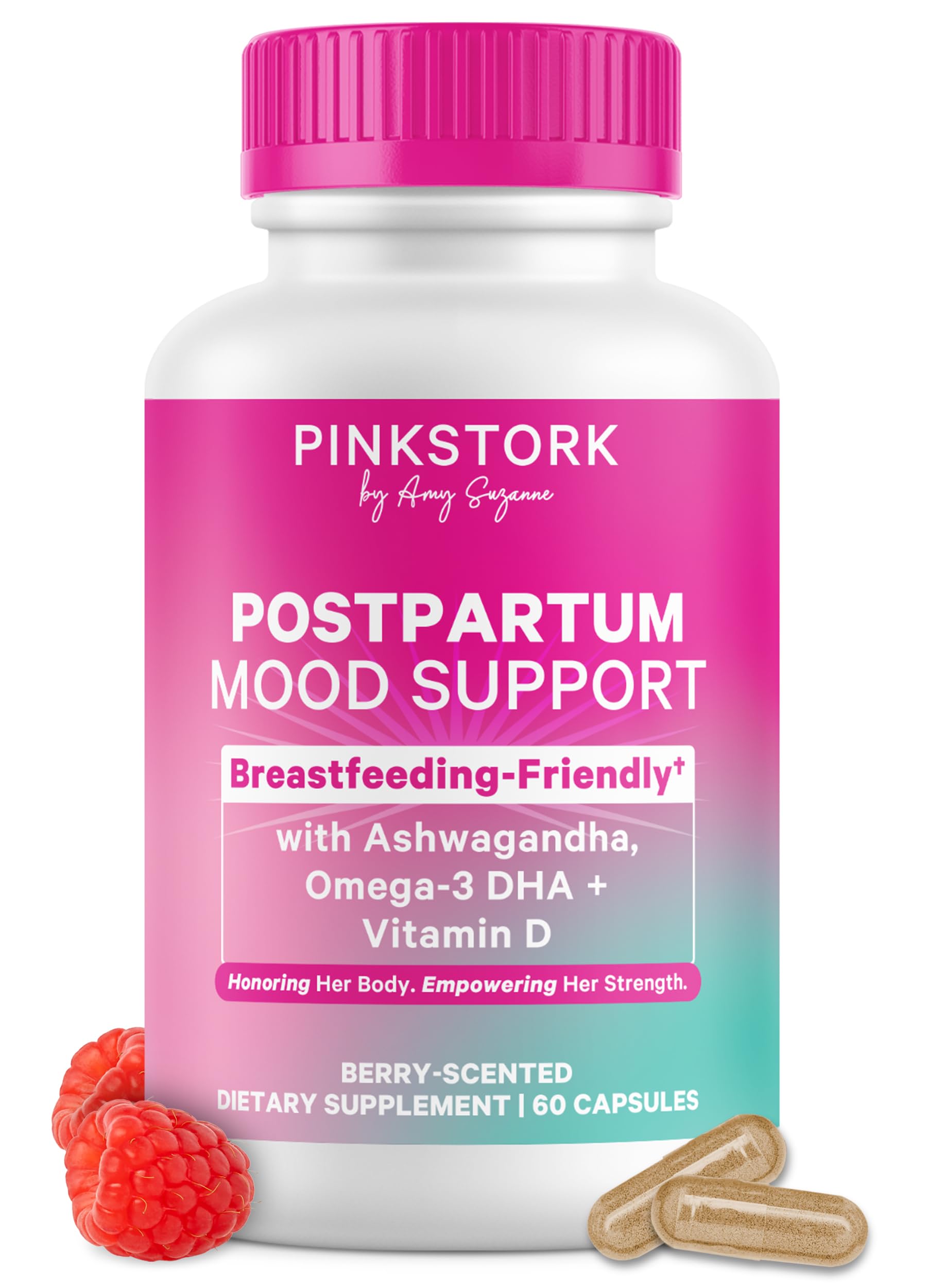 Pink Stork frasco frontal mostrando etiqueta clara y beneficios para mamá