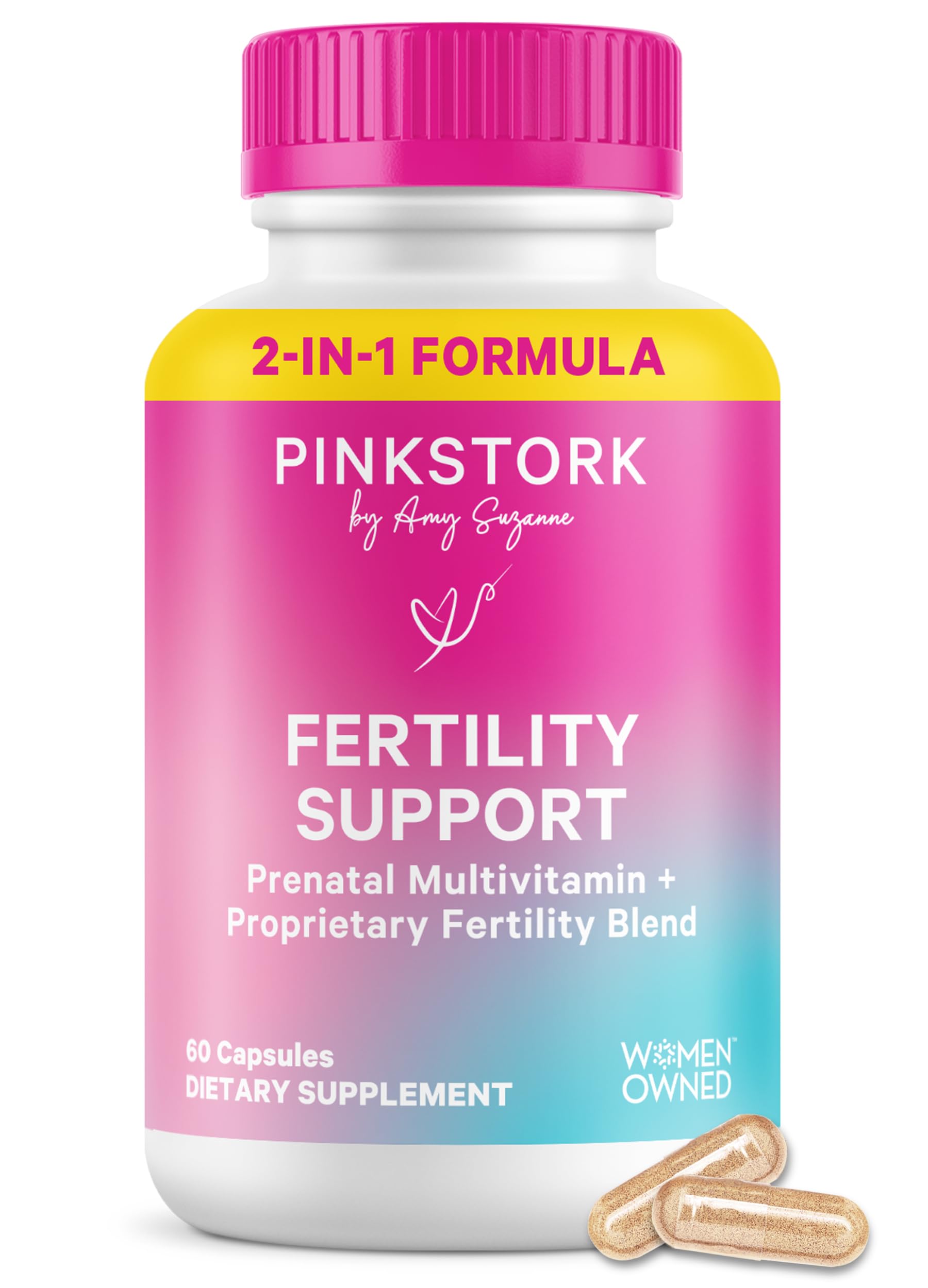 Pink Stork frasco frontal mostrando 60 cápsulas y etiquetado claro