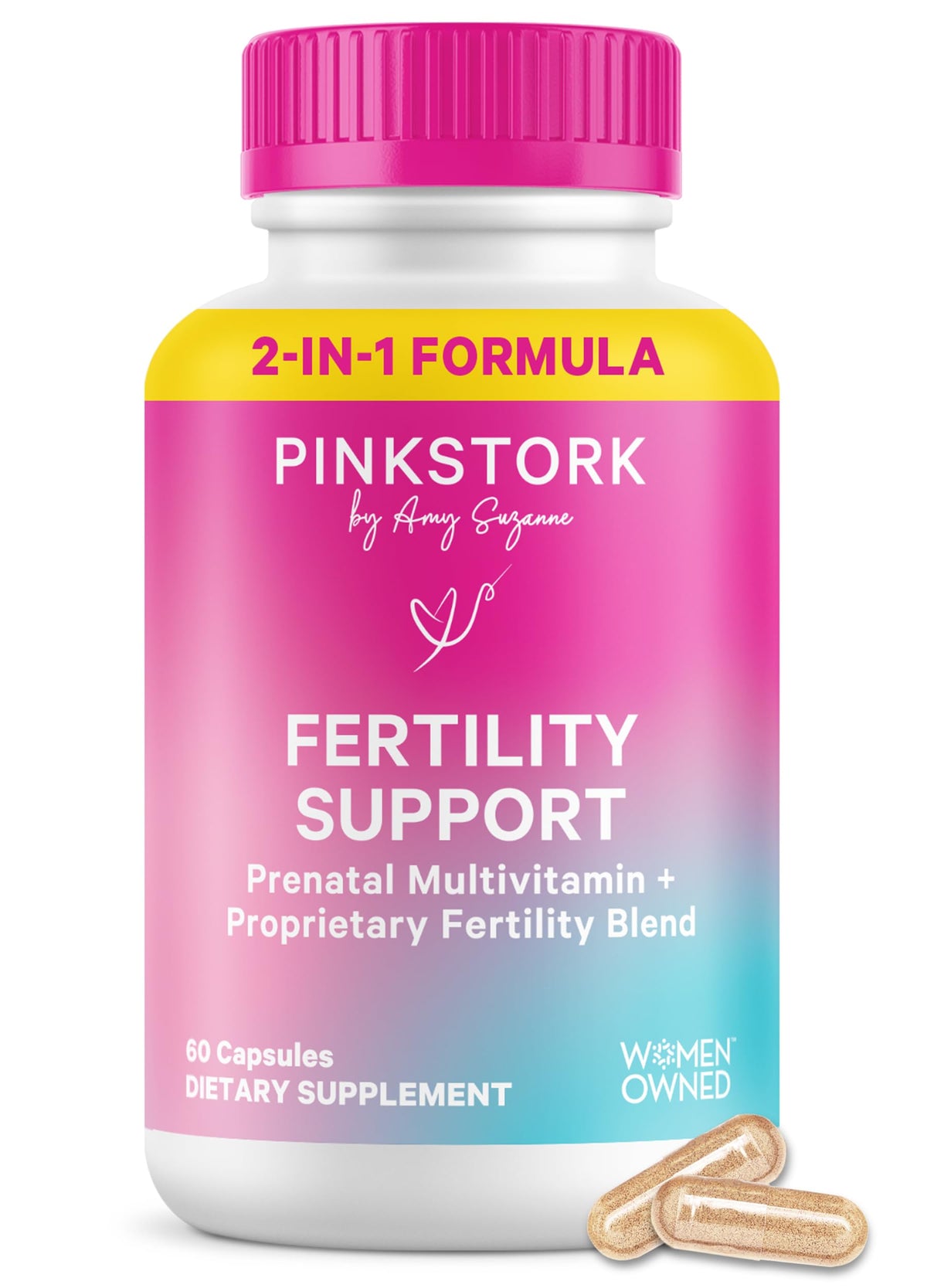 Pink Stork frasco frontal mostrando 60 cápsulas y etiquetado claro
