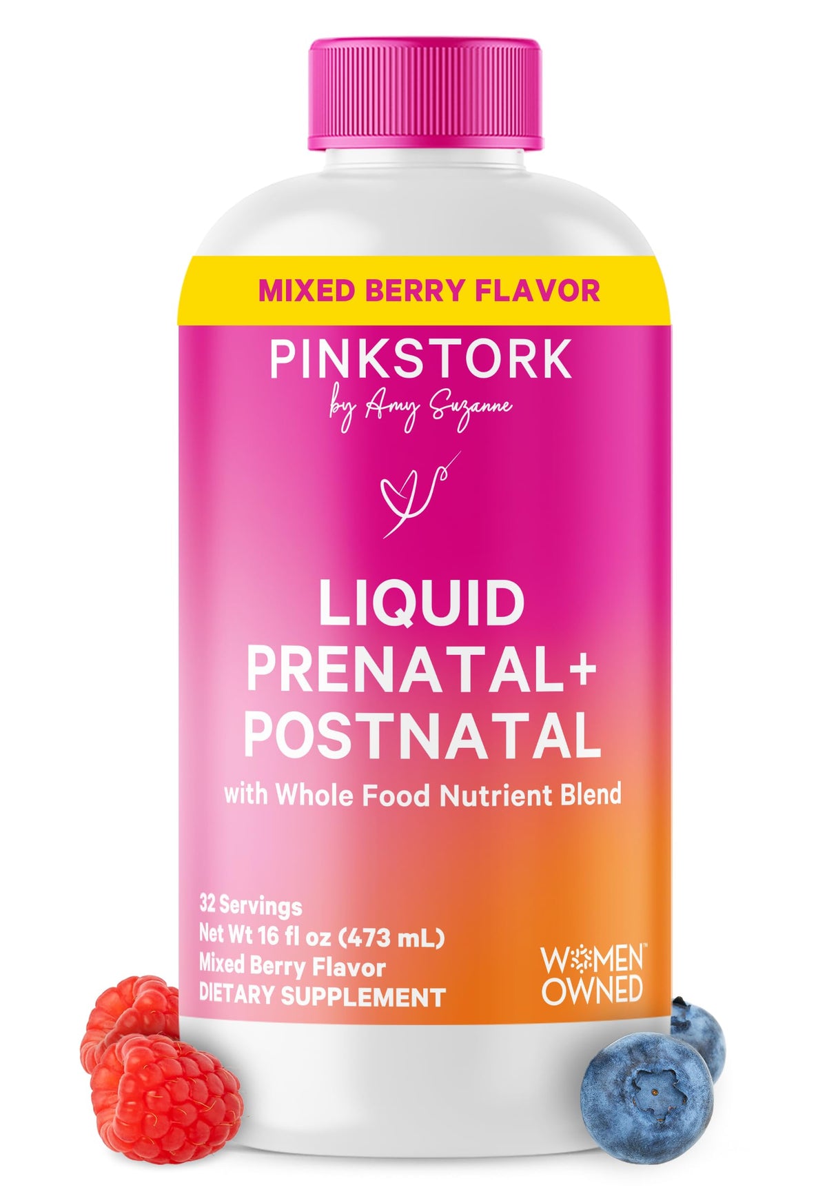 Pink Stork botella frontal mostrando presentación y beneficio de nutrición prenatal