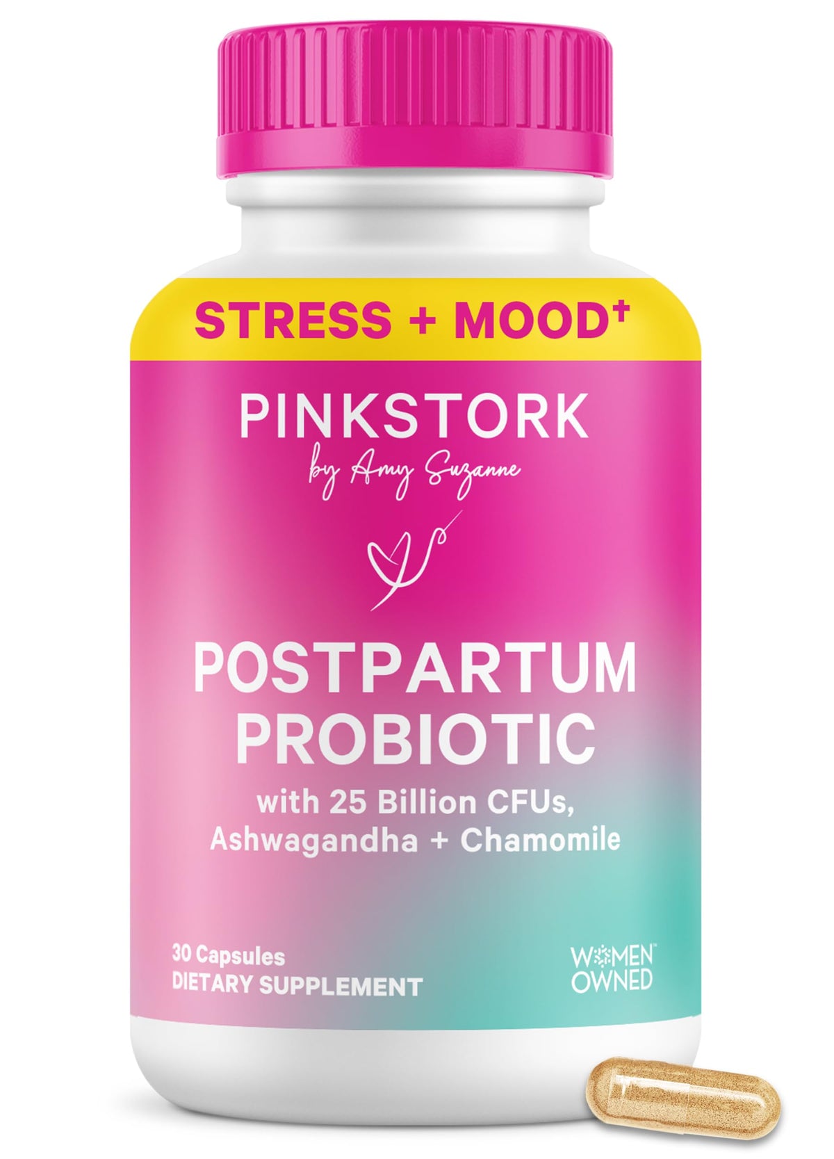 Pink Stork frente del empaque mostrando nombre y beneficio postnatal