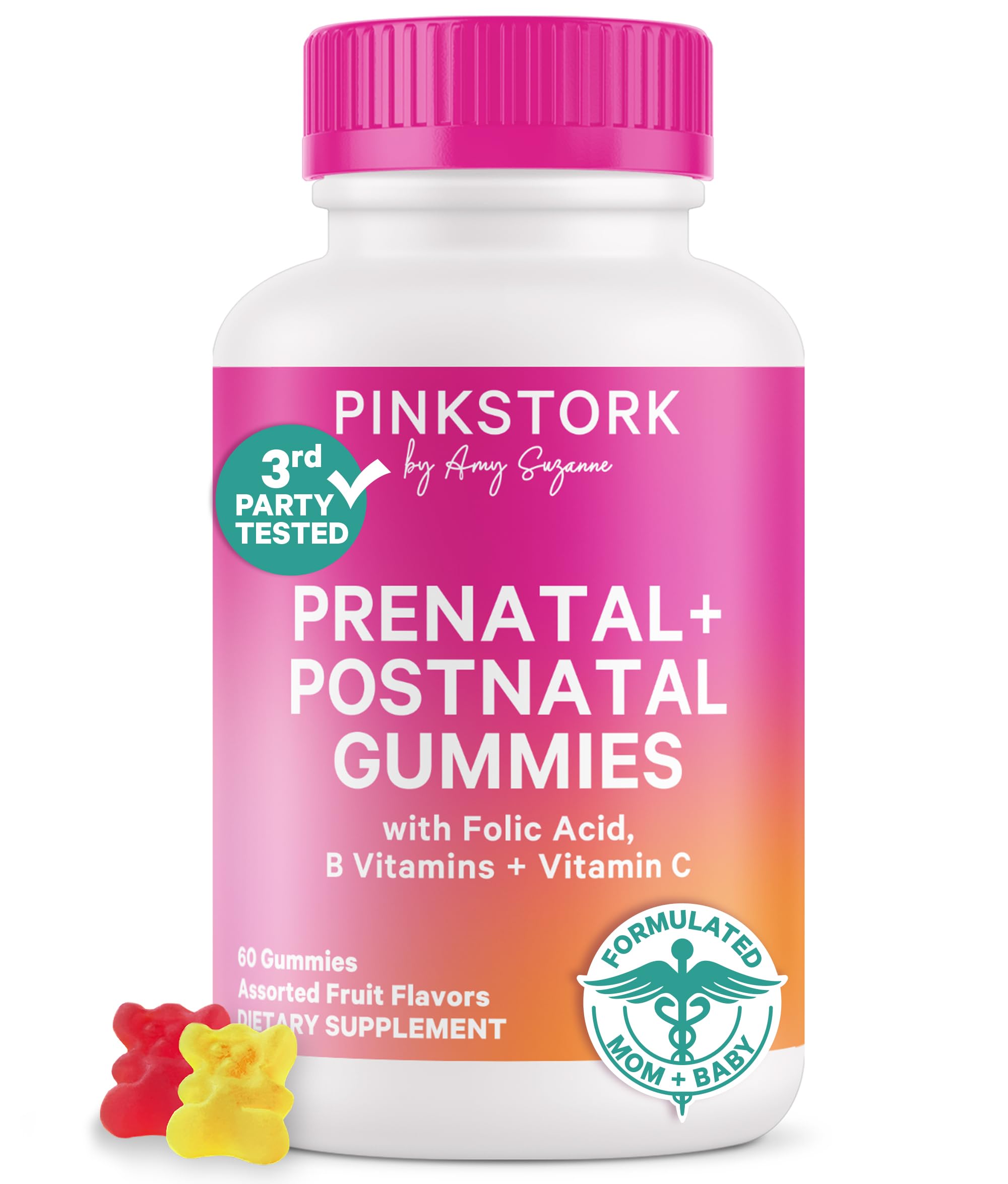 Pink Stork frente del empaque mostrando 60 gomitas y beneficio práctico