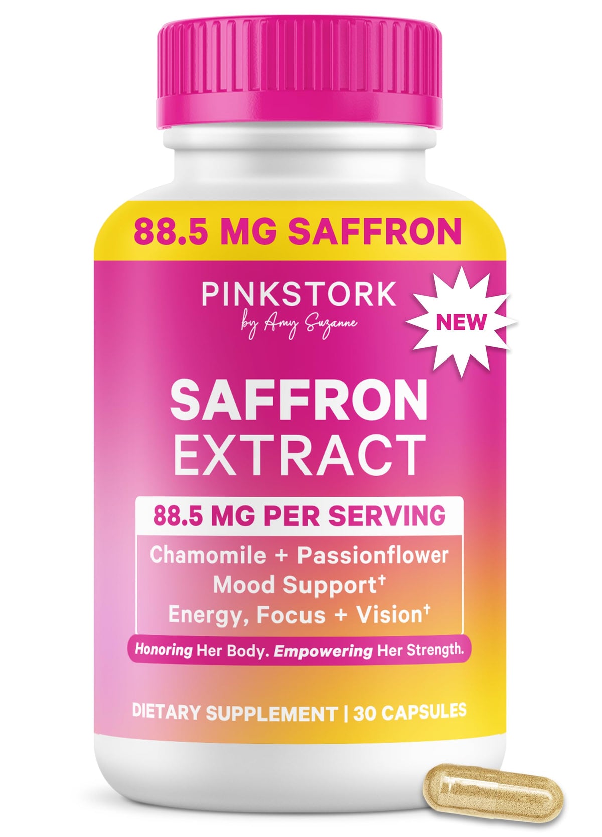 Pink Stork frasco frontal mostrando etiqueta clara y beneficios del producto