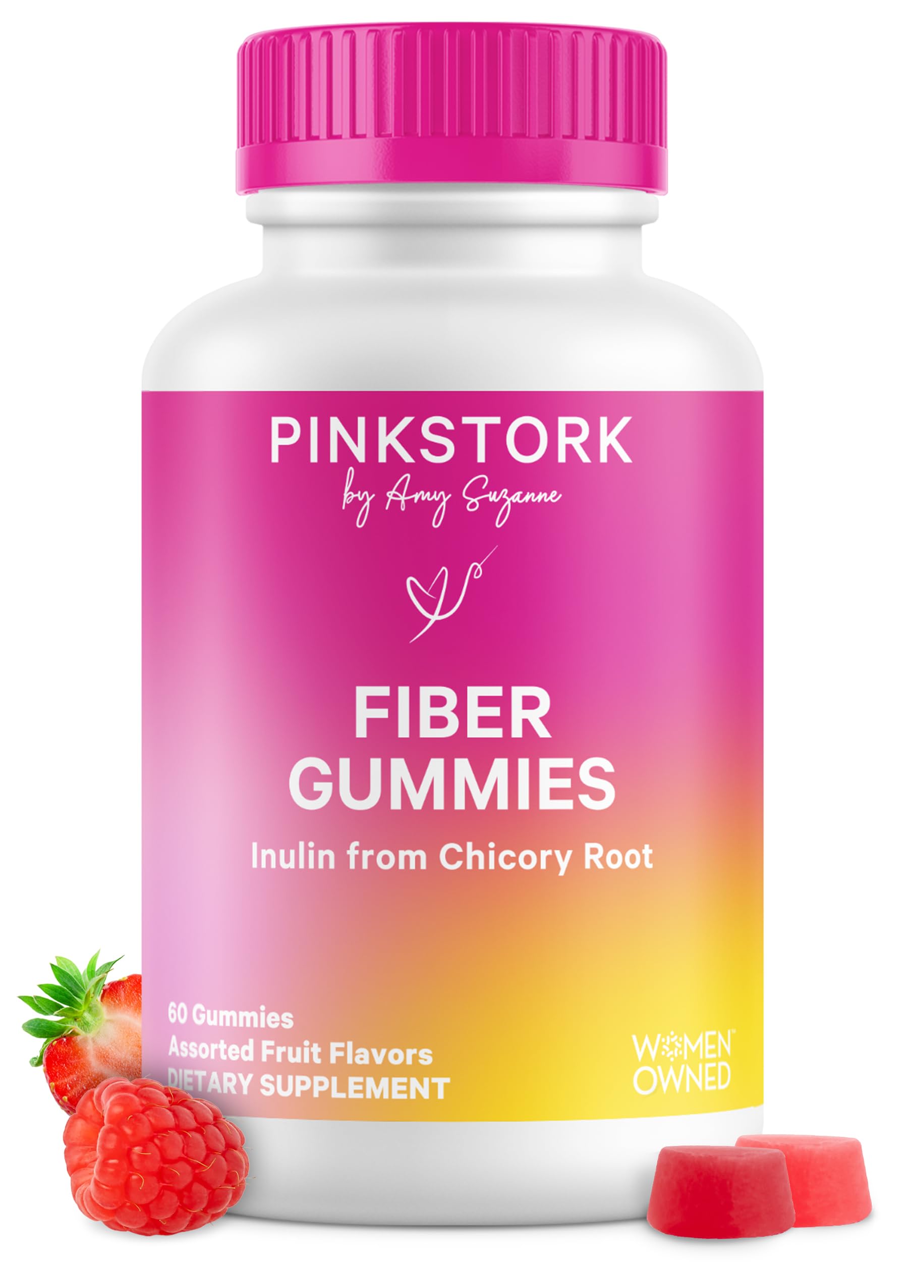 Pink Stork envase frontal mostrando 60 gomitas y beneficios