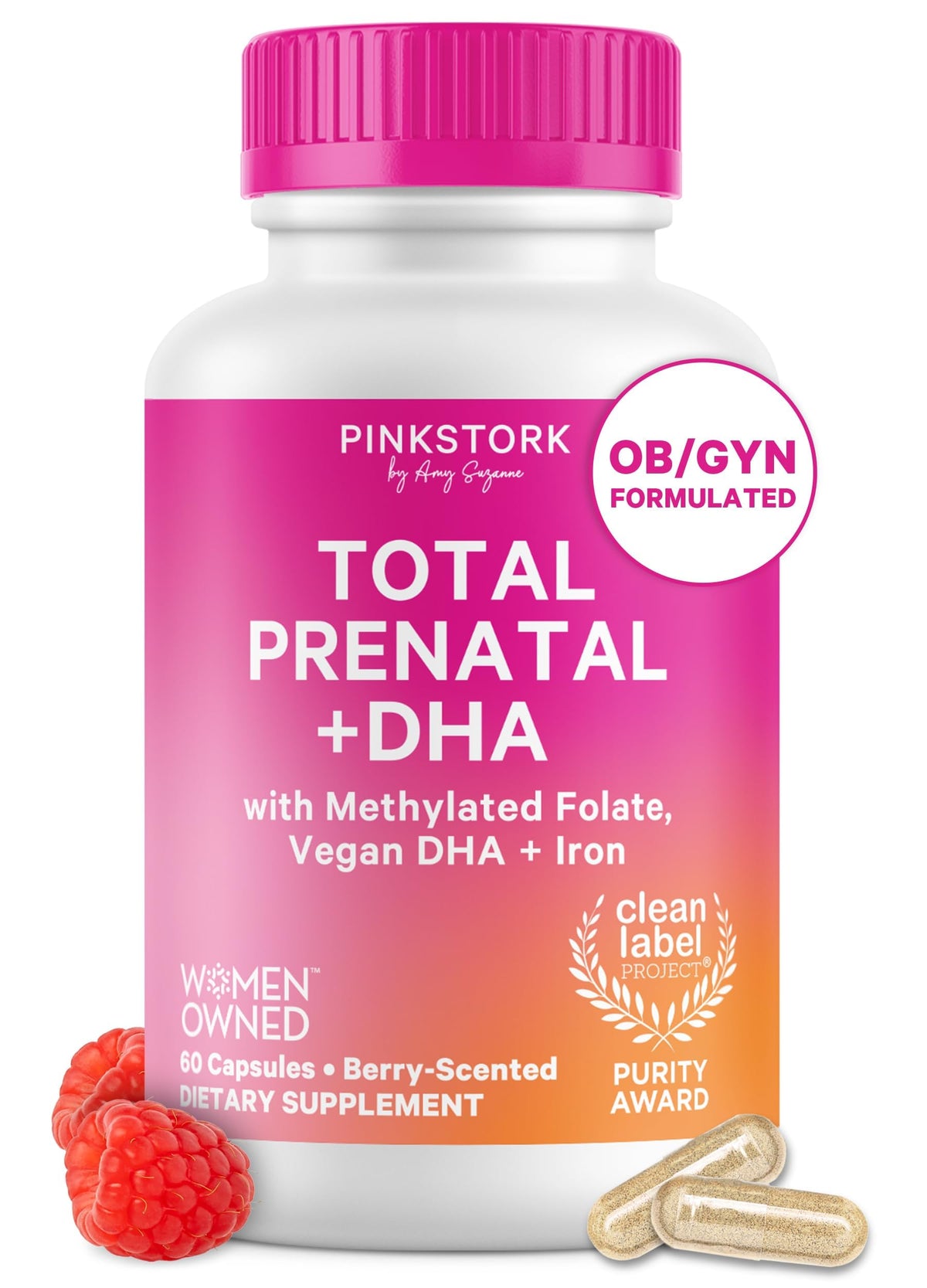 Pink Stork vista frontal del envase mostrando fórmula prenatal completa