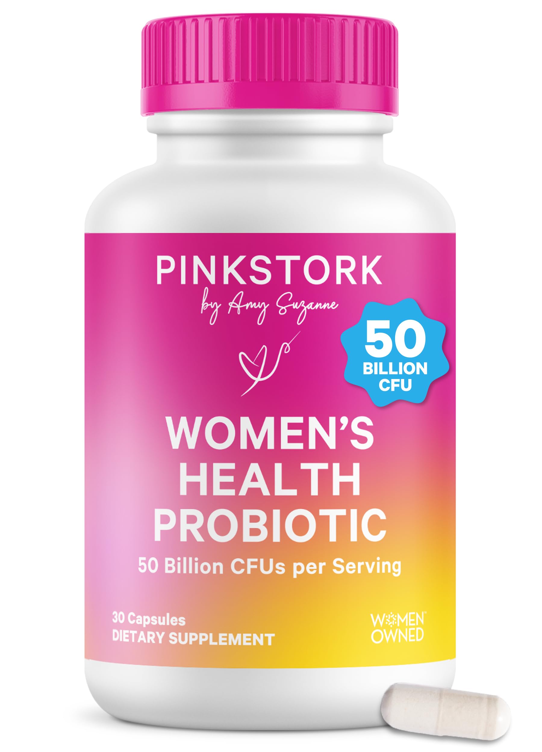 Pink Stork frontal del envase mostrando 30 cápsulas y beneficios