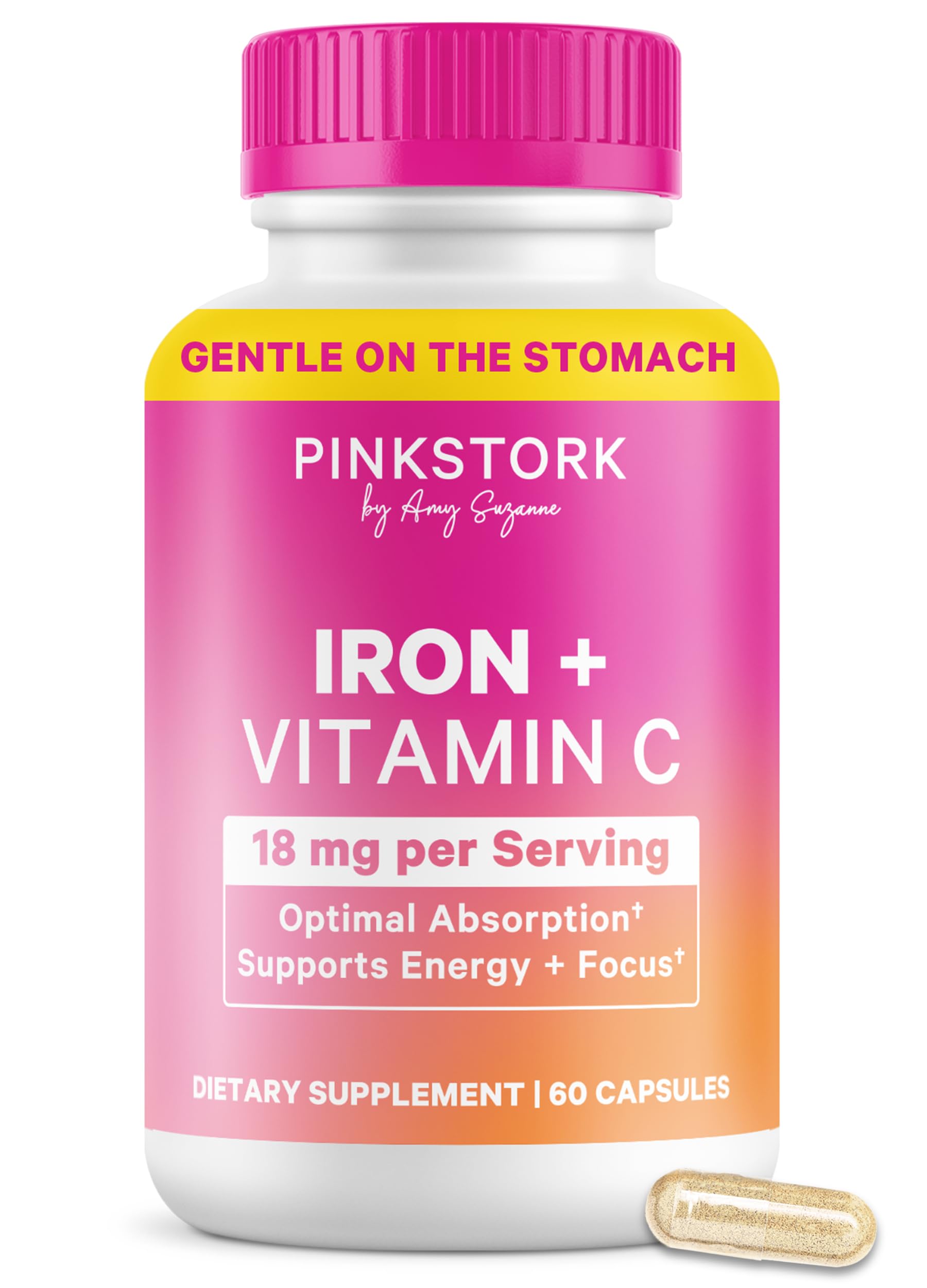 Pink Stork envase frontal que muestra hierro y vitamina C, cómodo para uso diario